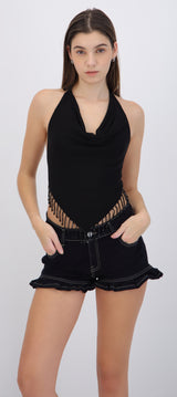 Top cuello cascada con flecos brillos