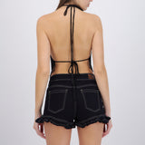 Top cuello cascada con flecos brillos