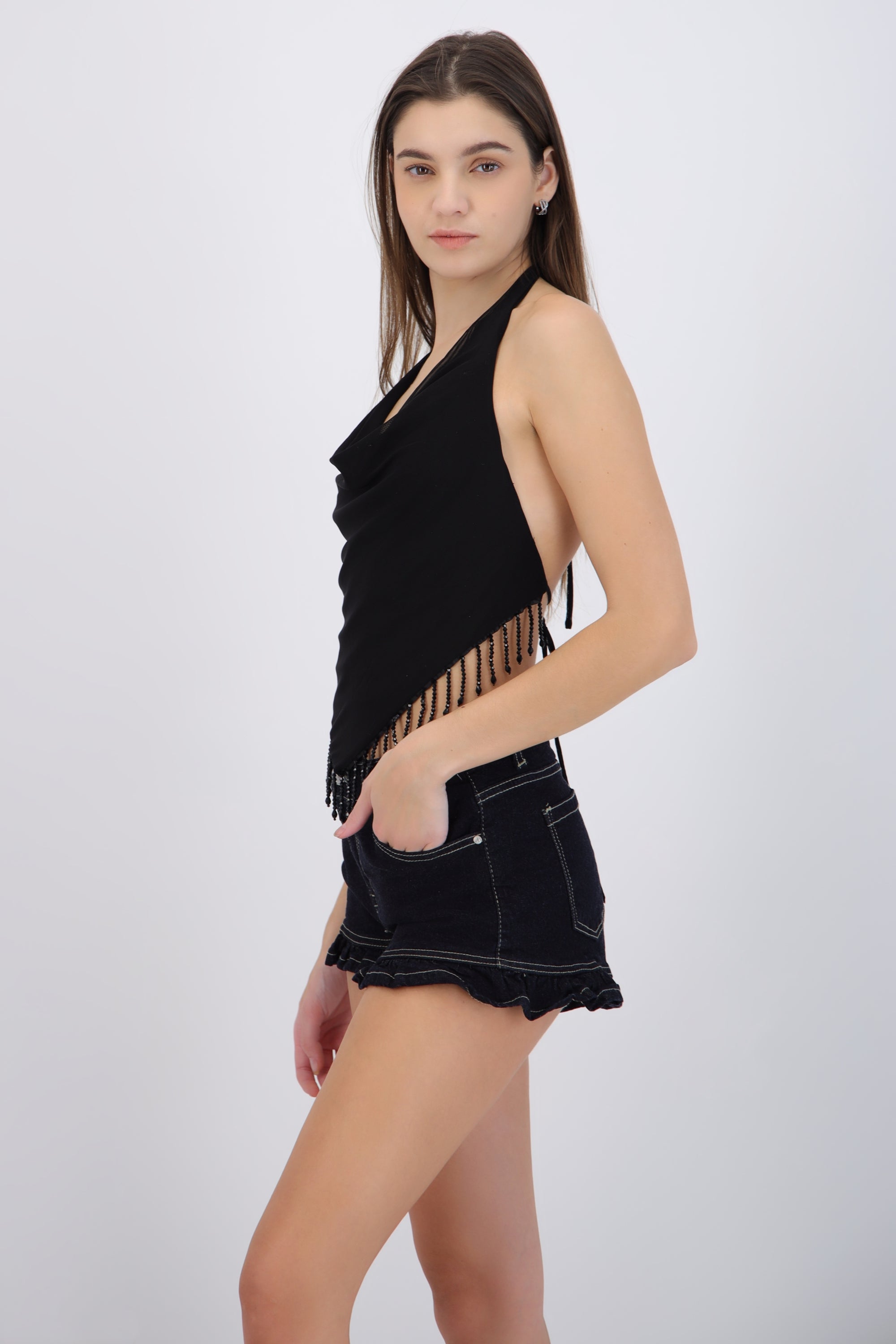 Top cuello cascada con flecos brillos