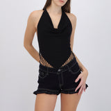 Top cuello cascada con flecos brillos