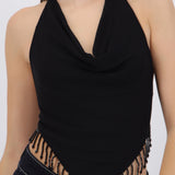 Top cuello cascada con flecos brillos
