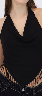 Top cuello cascada con flecos brillos