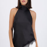 Top halter amarre satinado detalle encaje