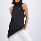 Top halter amarre satinado detalle encaje