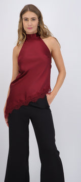 Top halter amarre satinado detalle encaje