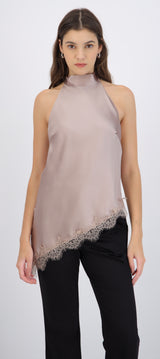 Top halter amarre satinado detalle encaje