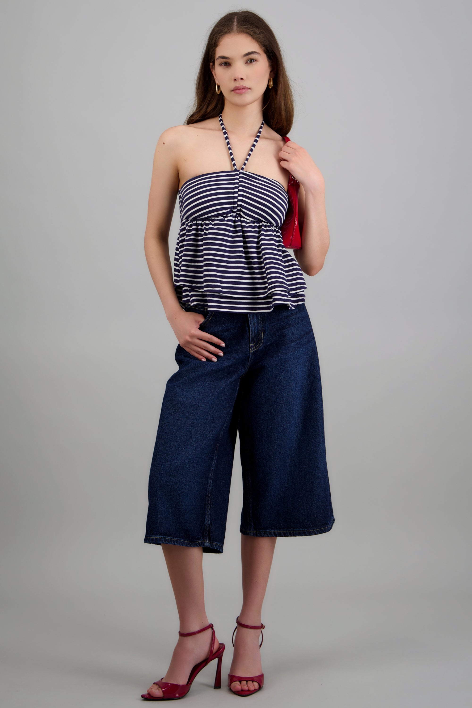 Top escote halter tirantes rayas detalle peplum MARINO COMBO