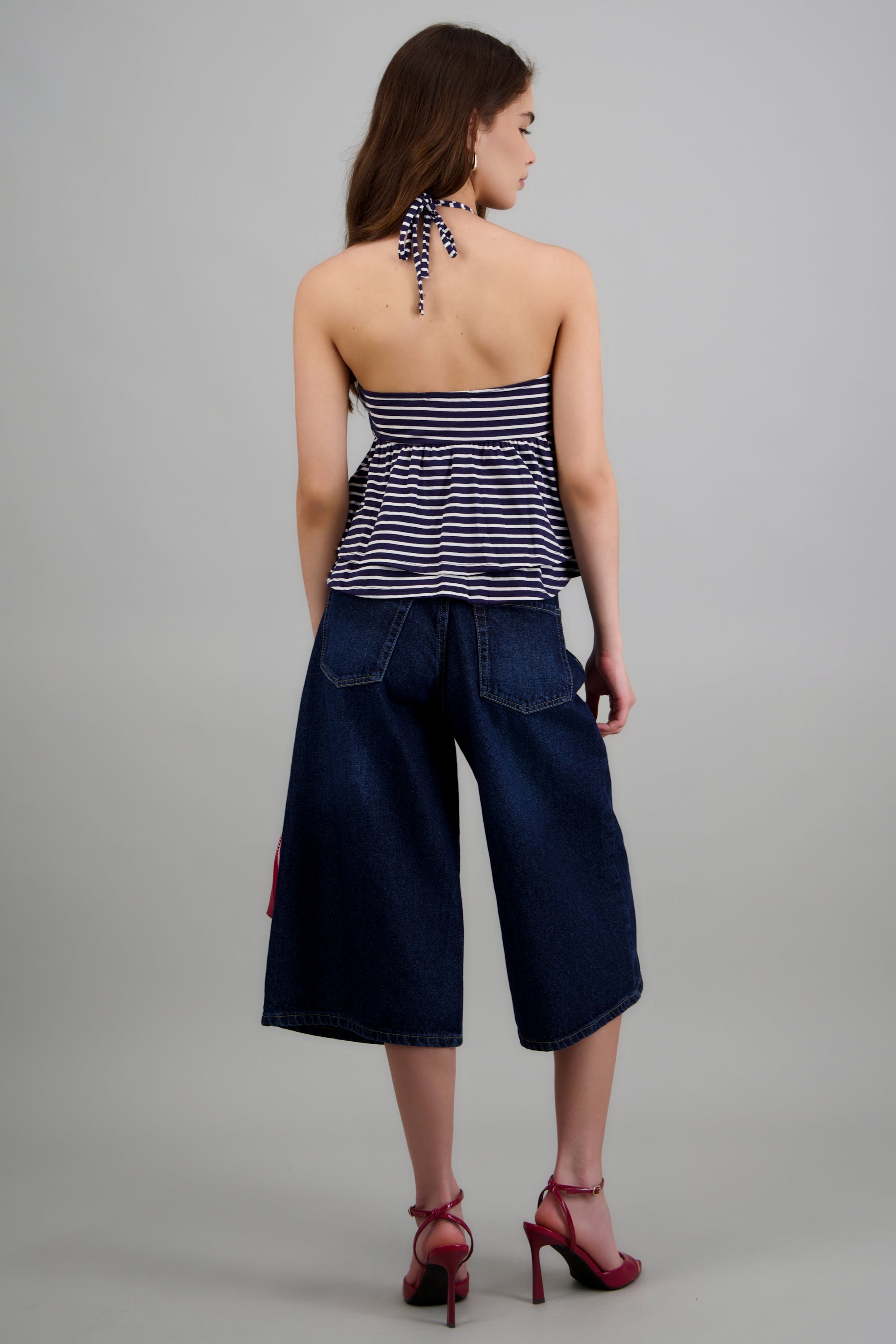 Top escote halter tirantes rayas detalle peplum MARINO COMBO
