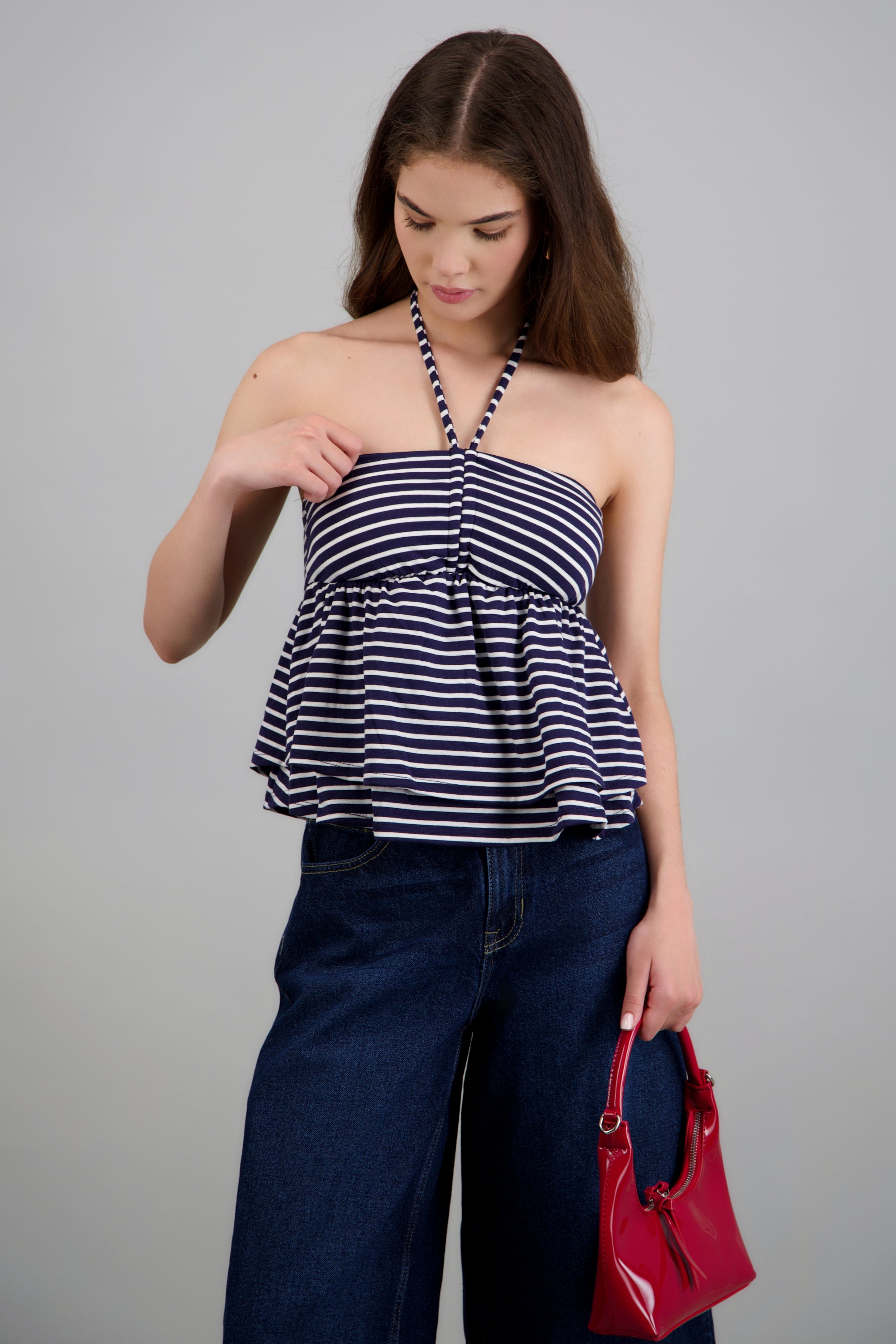 Top escote halter tirantes rayas detalle peplum MARINO COMBO