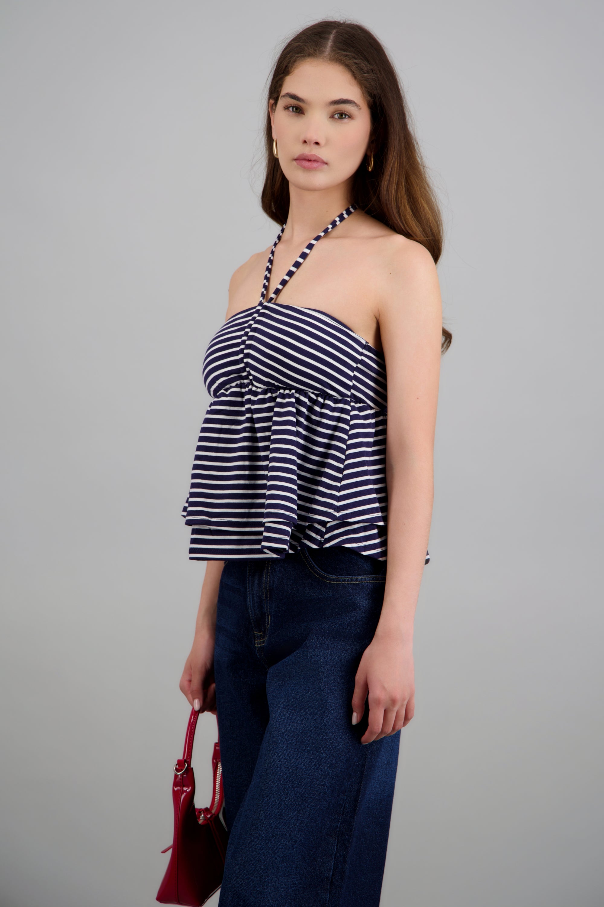 Top escote halter tirantes rayas detalle peplum MARINO COMBO