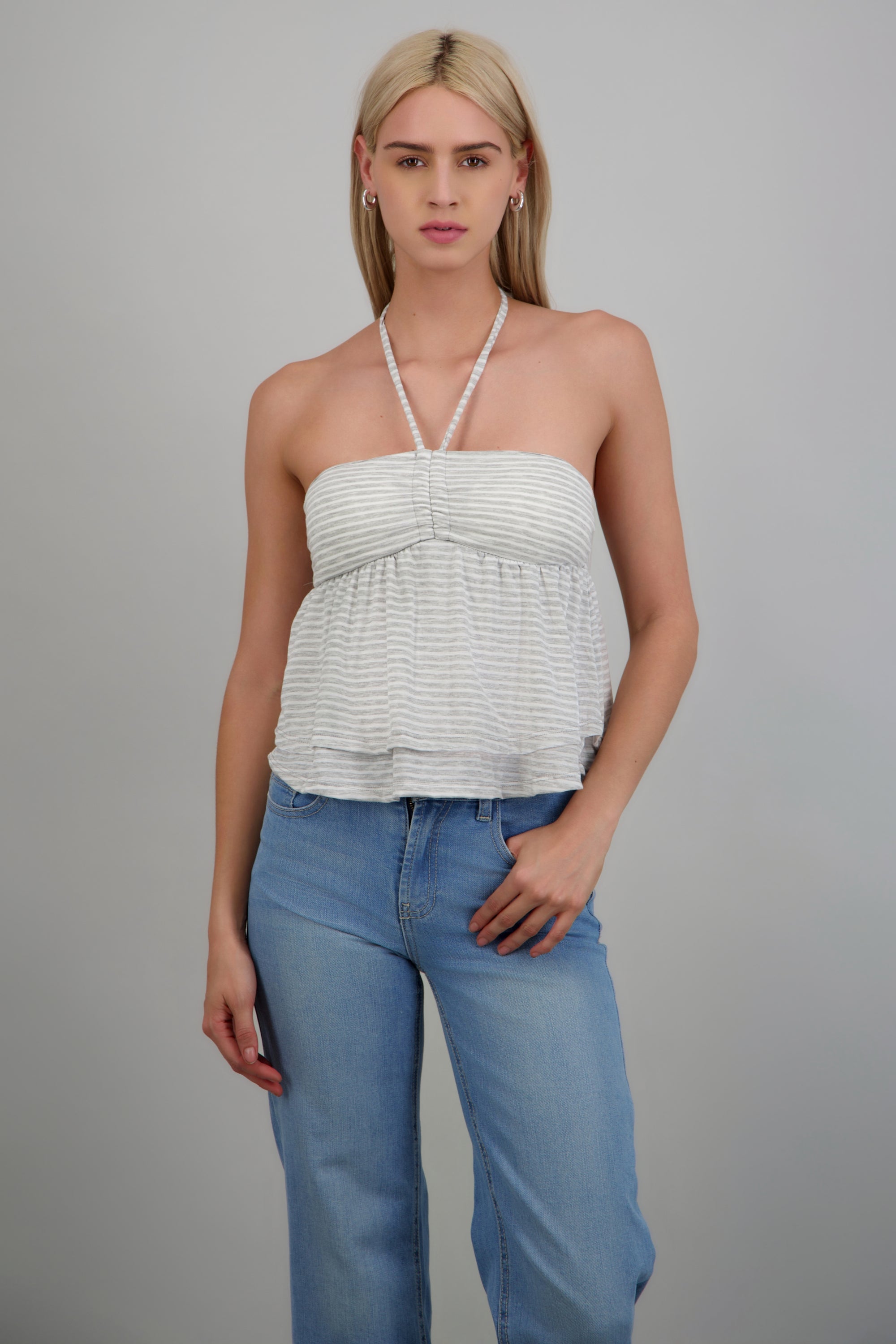 Top escote halter tirantes rayas detalle peplum GRIS JASPE