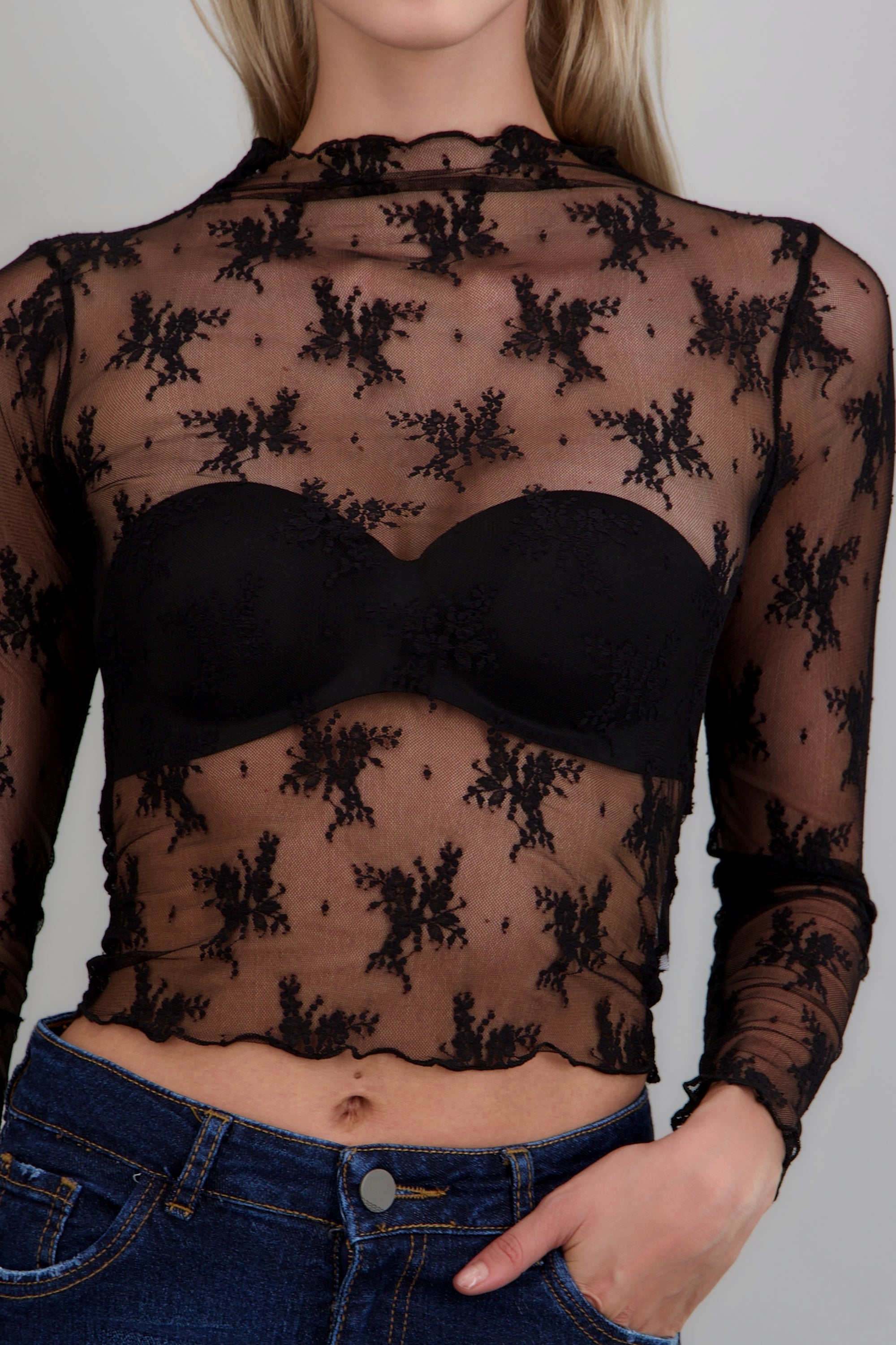 Top manga larga mesh encaje NEGRO