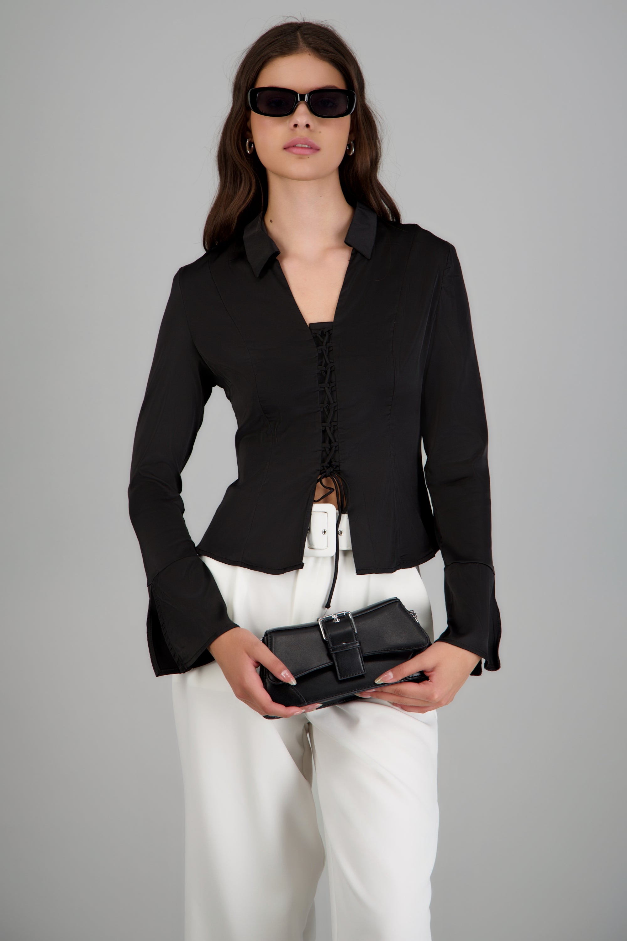 Camisa satin lace up NEGRO