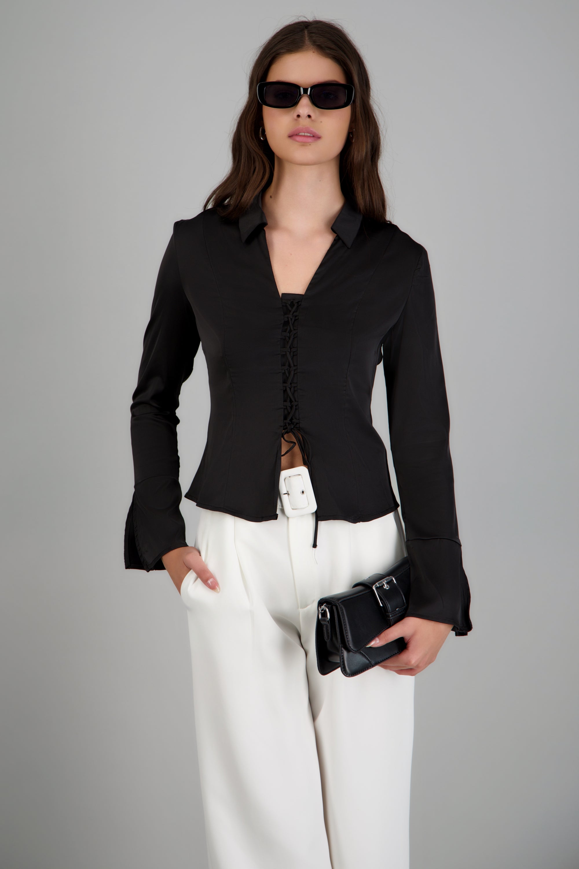 Camisa satin lace up NEGRO