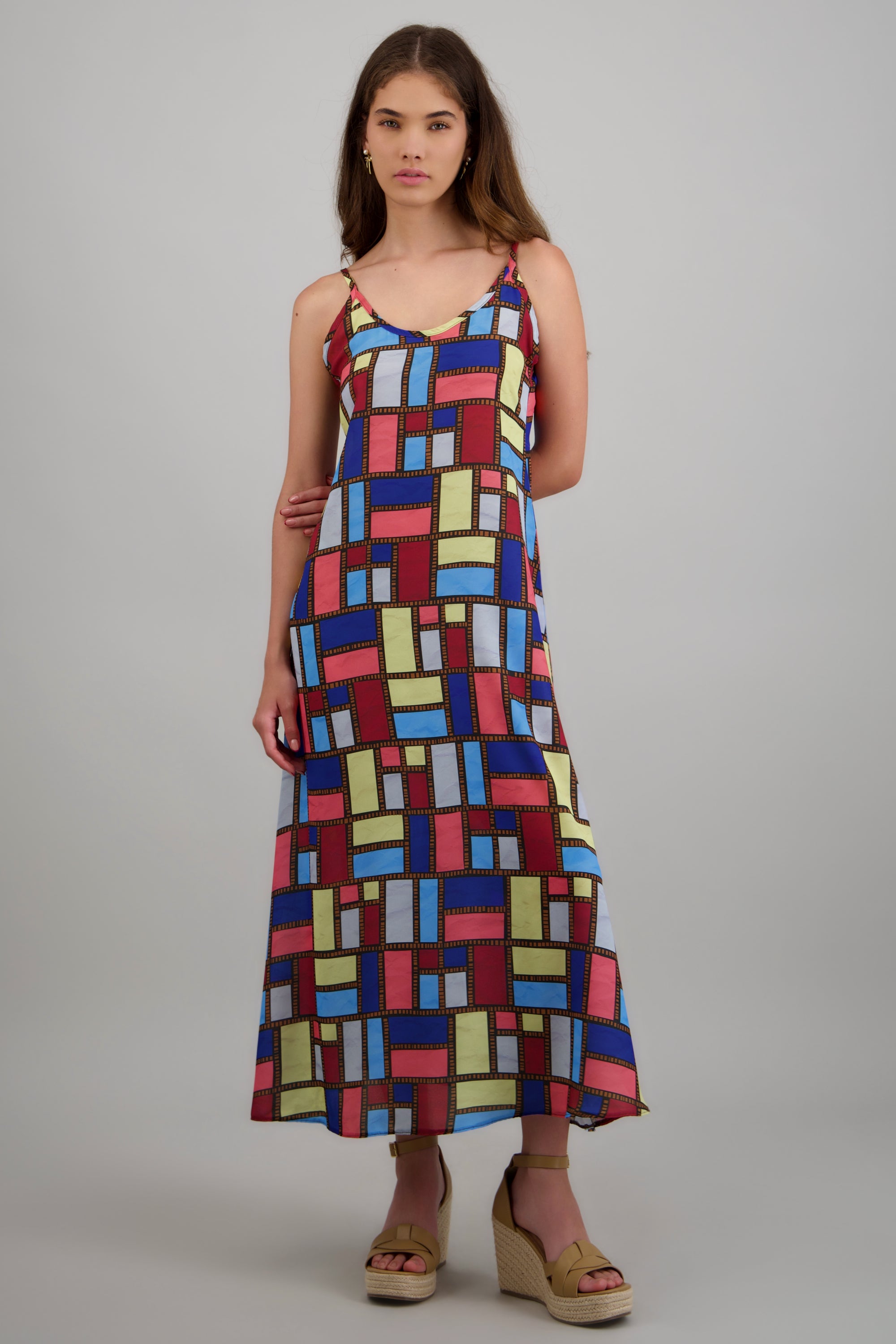 Vestido maxi estampado cuadros MULTICOLOR