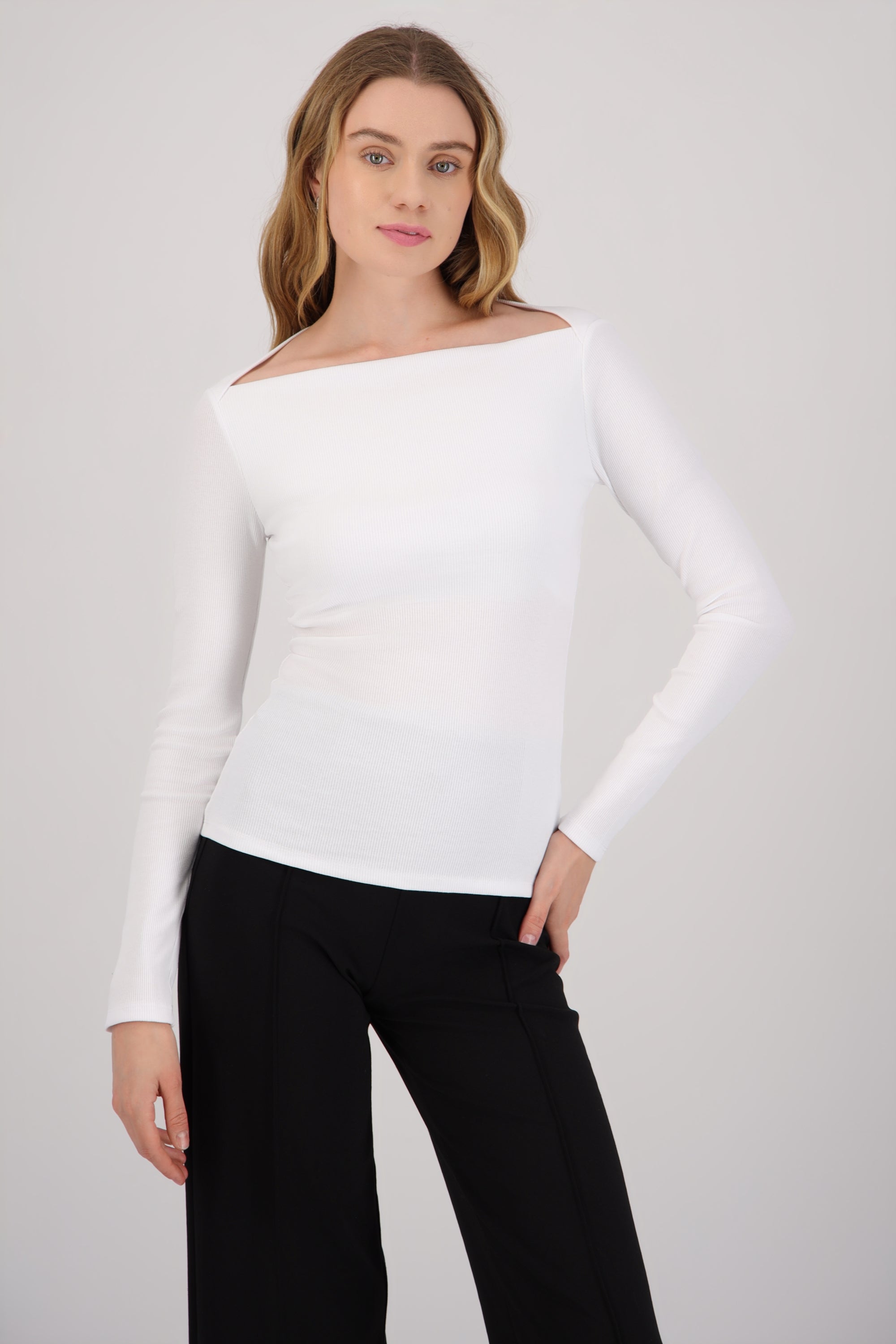 Top manga larga liso rib BLANCO