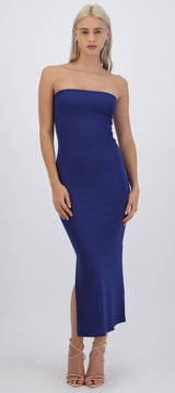 Vestido maxi strapless abertura