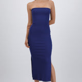 Vestido maxi strapless abertura