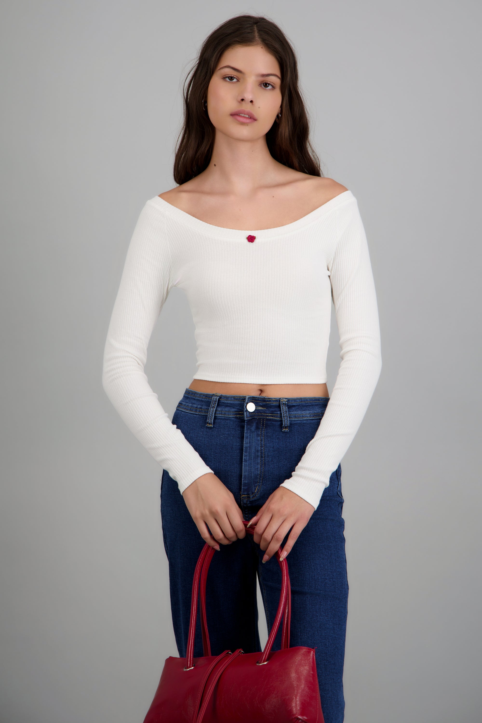 Top rib manga larga flor BLANCO