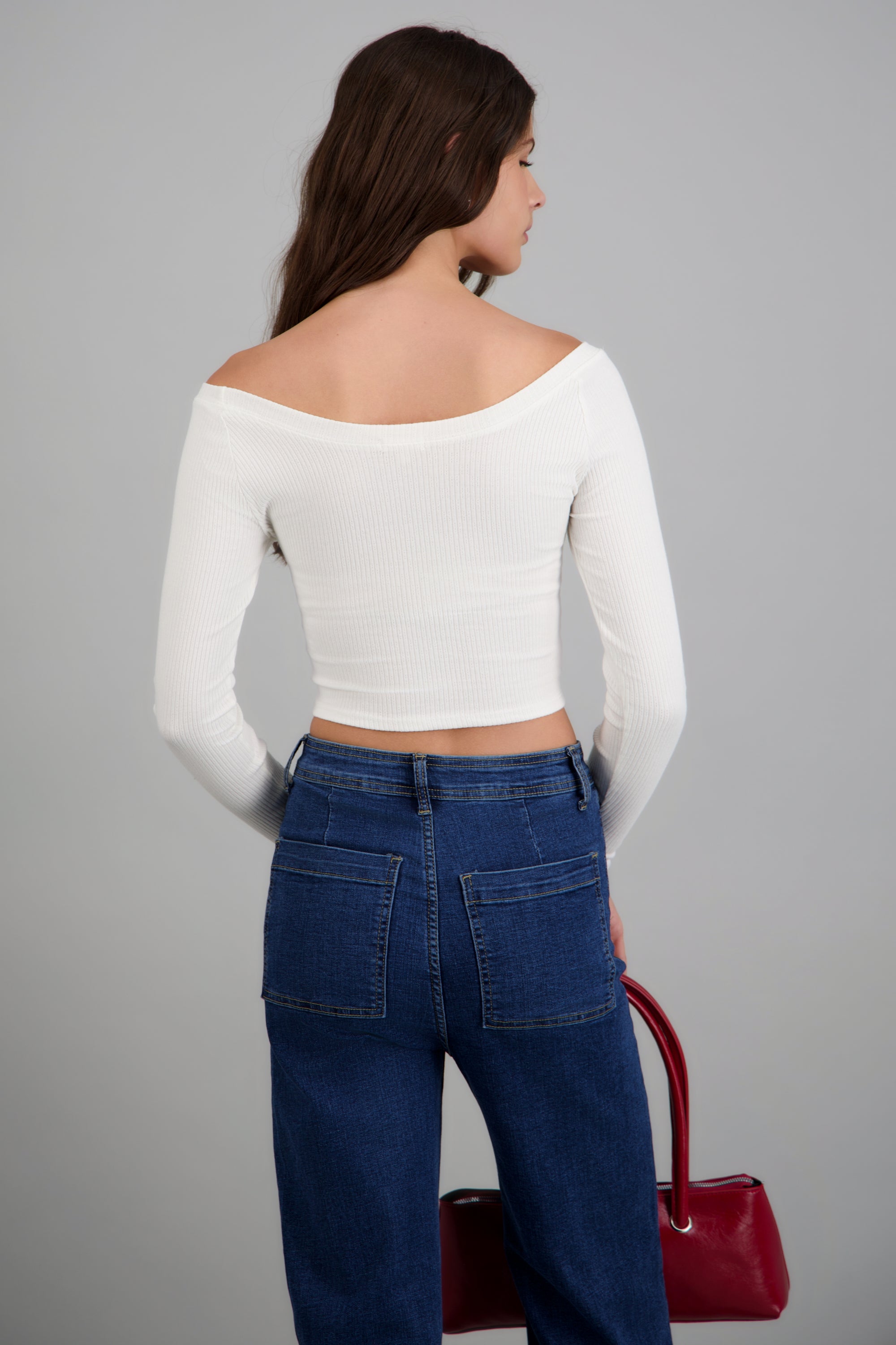 Top rib manga larga flor BLANCO