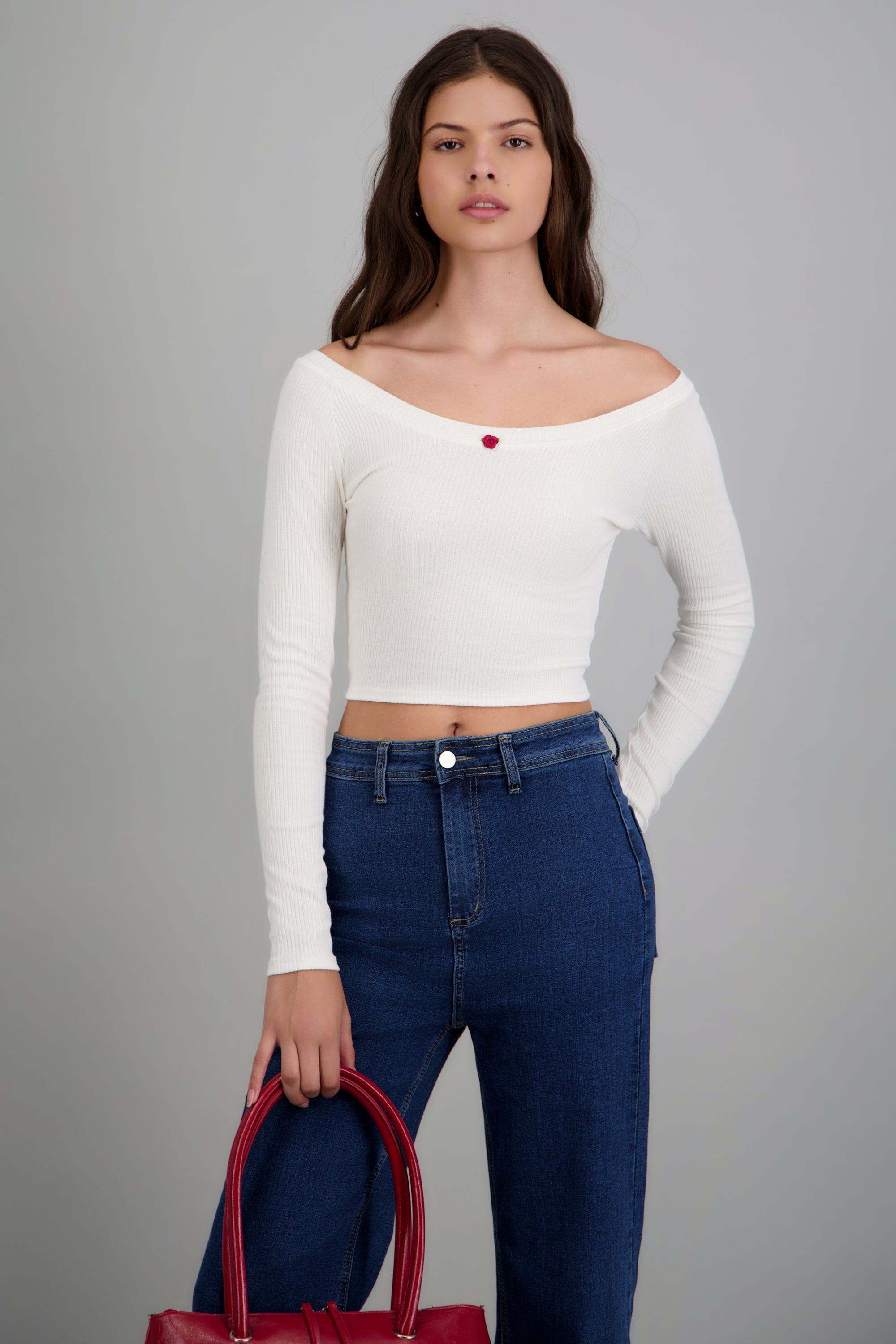 Top rib manga larga flor BLANCO