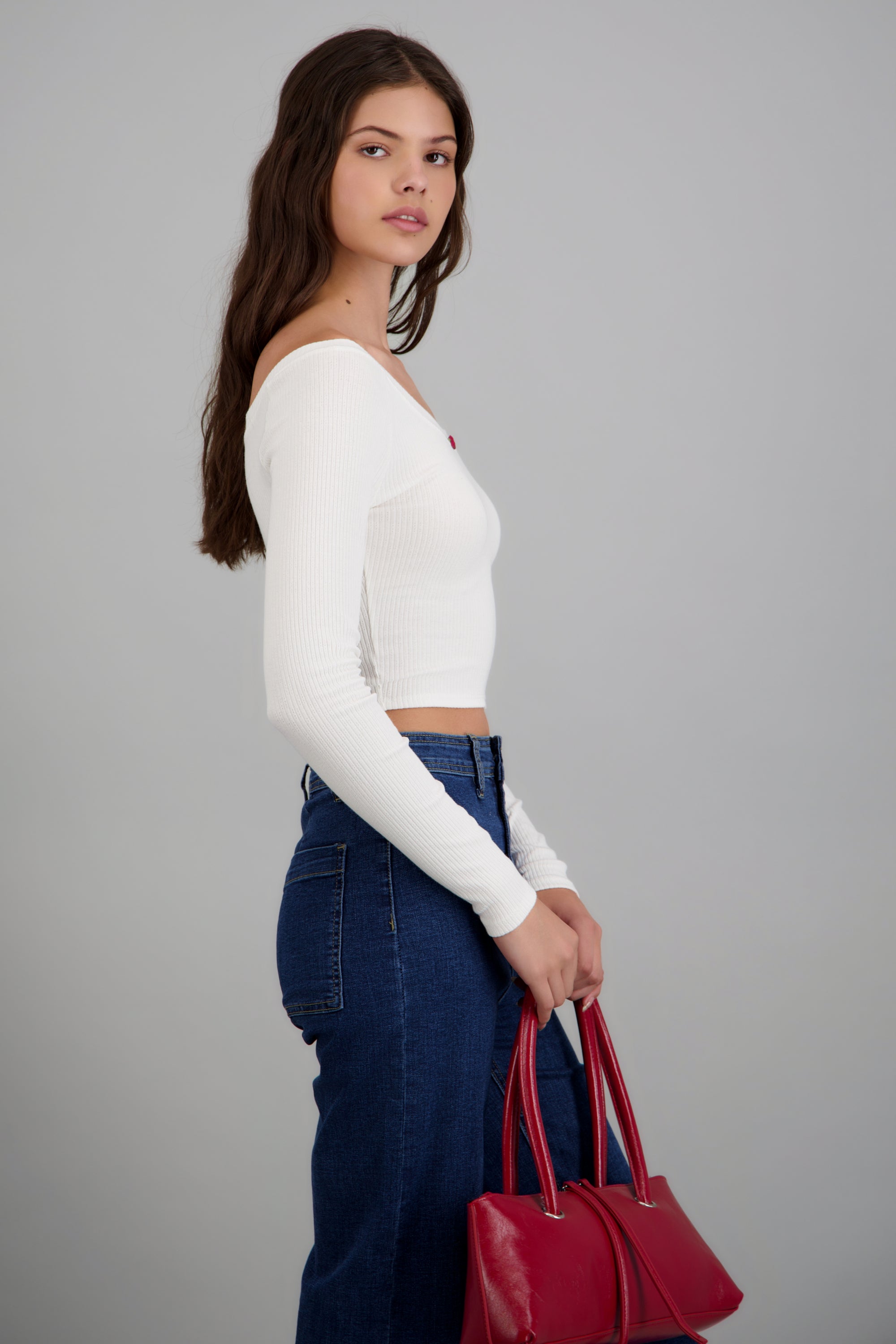 Top rib manga larga flor BLANCO