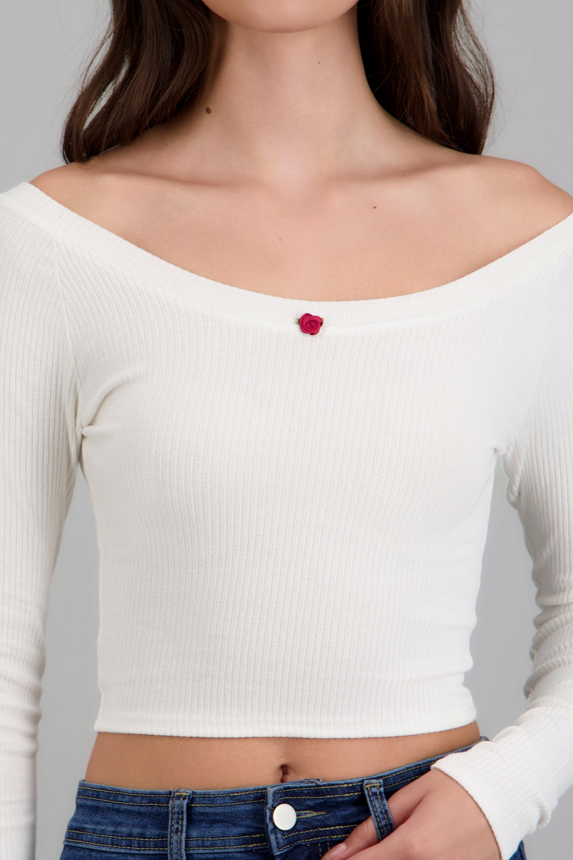 Top rib manga larga flor BLANCO