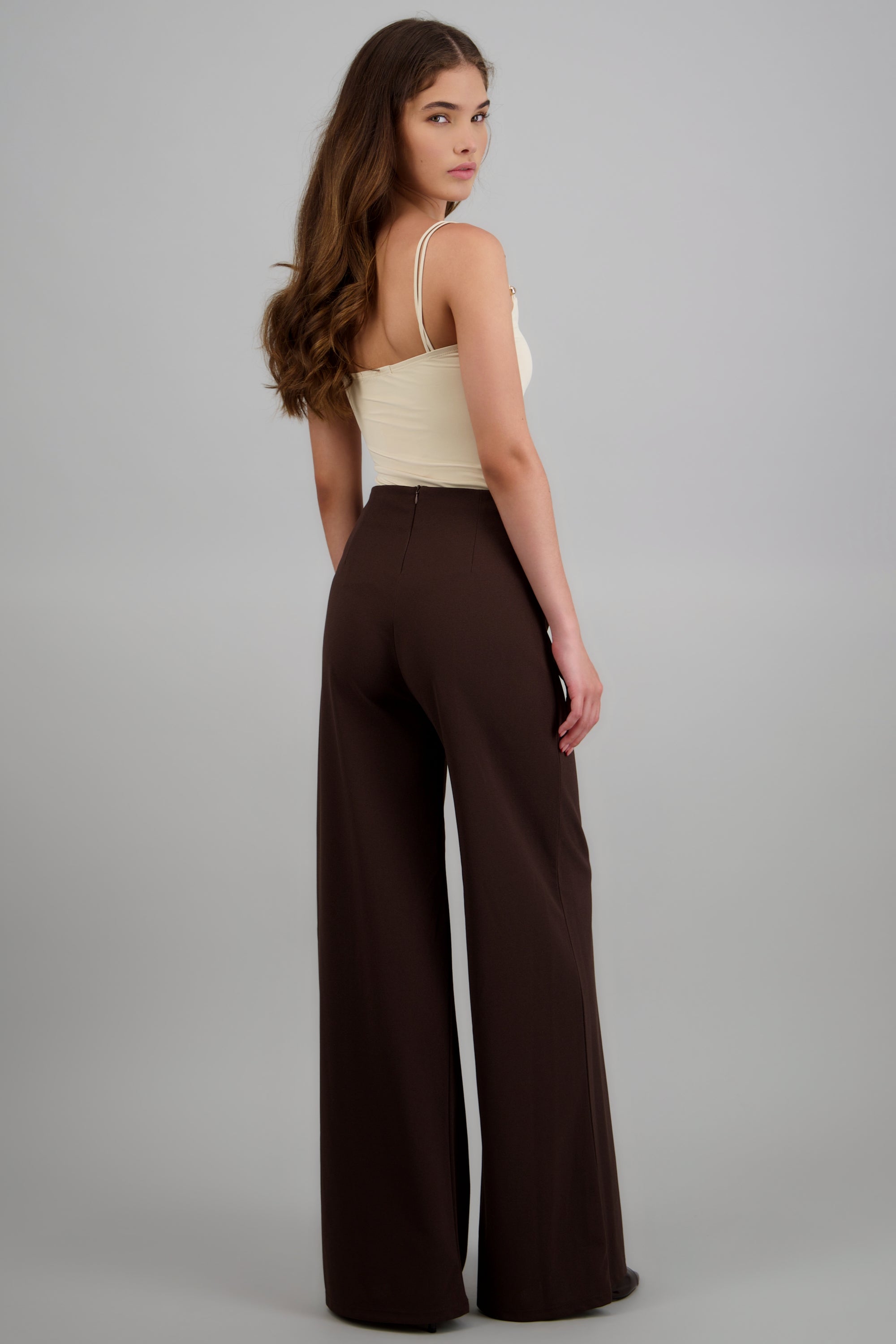 Pantalon wide leg detalle pretina CHOCOLATE