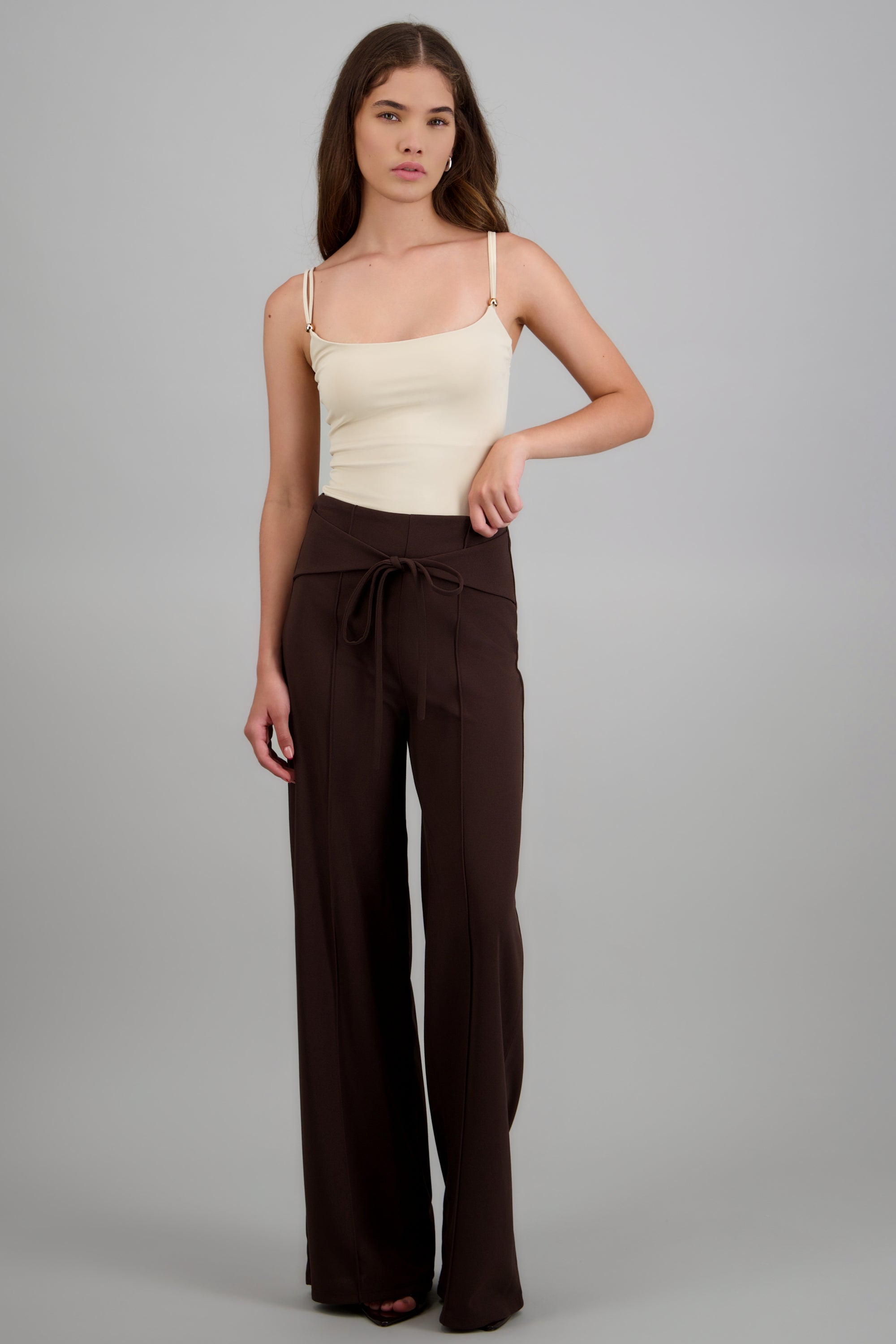 Pantalon wide leg detalle pretina CHOCOLATE