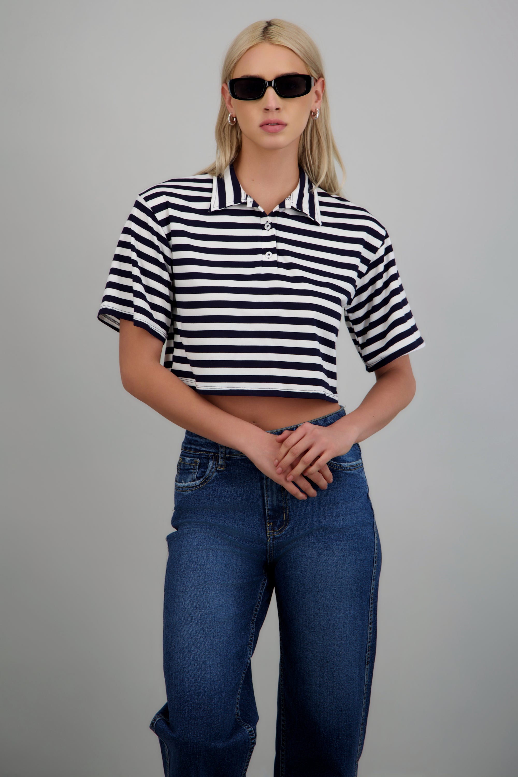 Playera crop cuello polo rayas MARINO COMBO