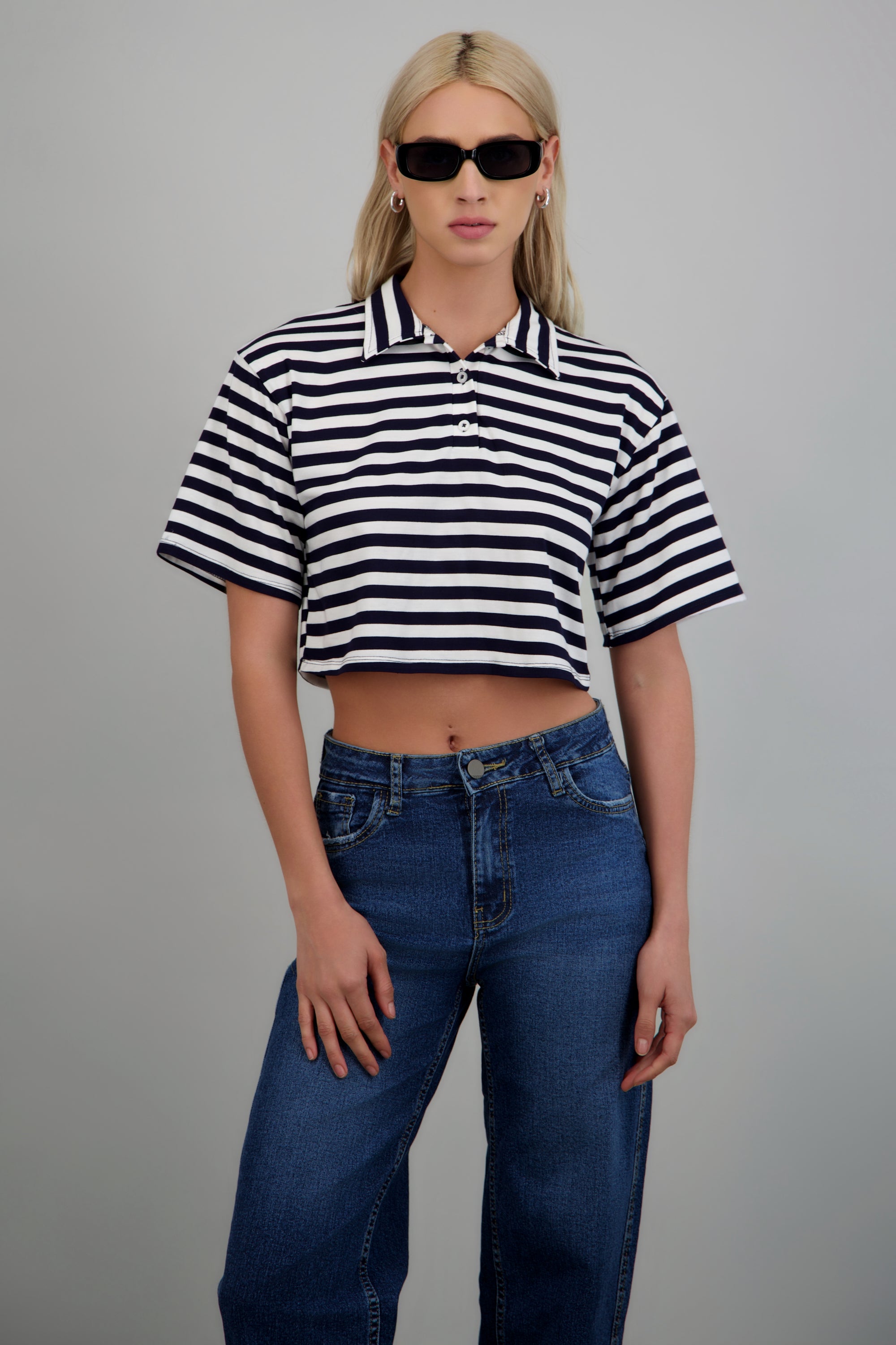 Playera crop cuello polo rayas MARINO COMBO