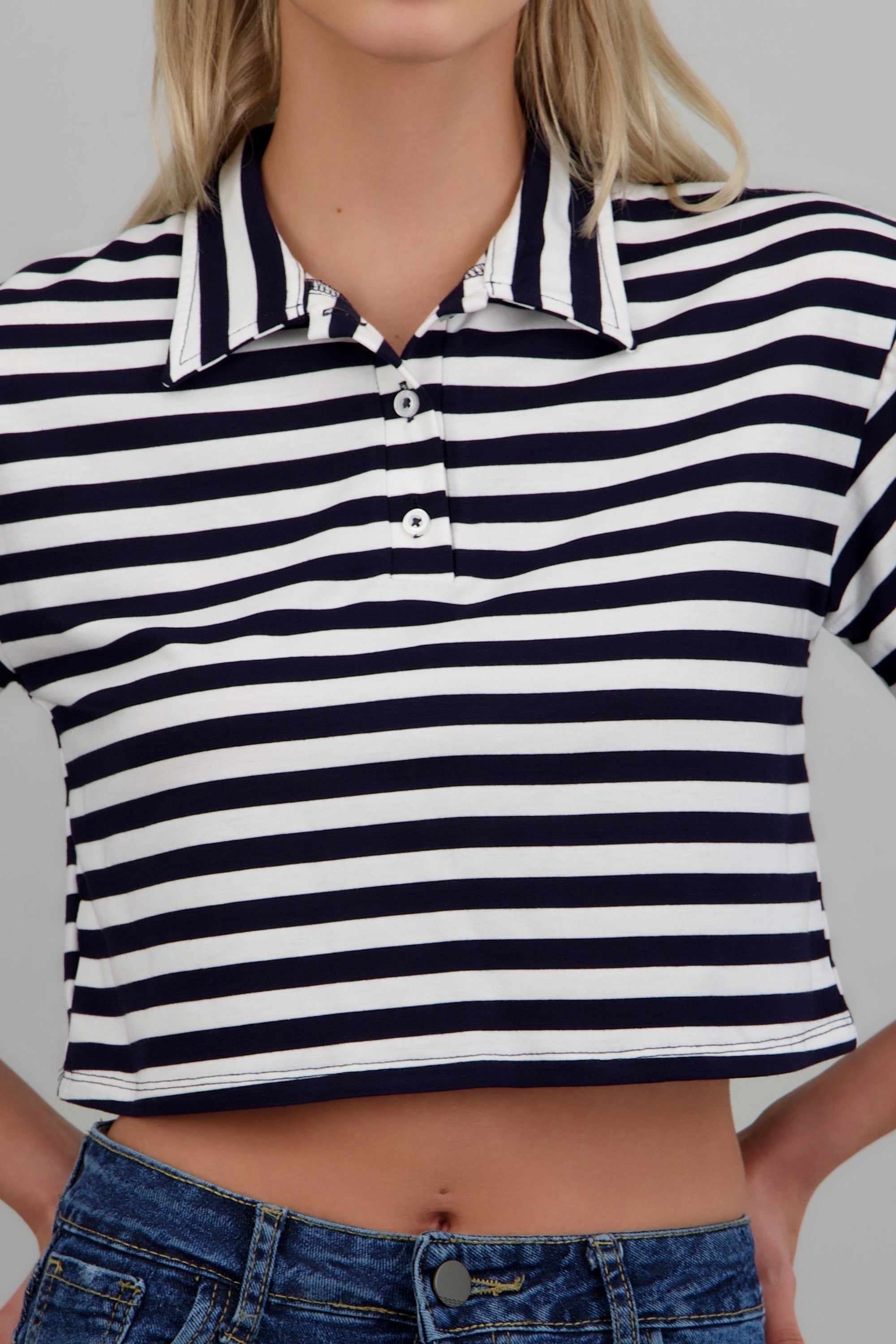 Playera crop cuello polo rayas MARINO COMBO