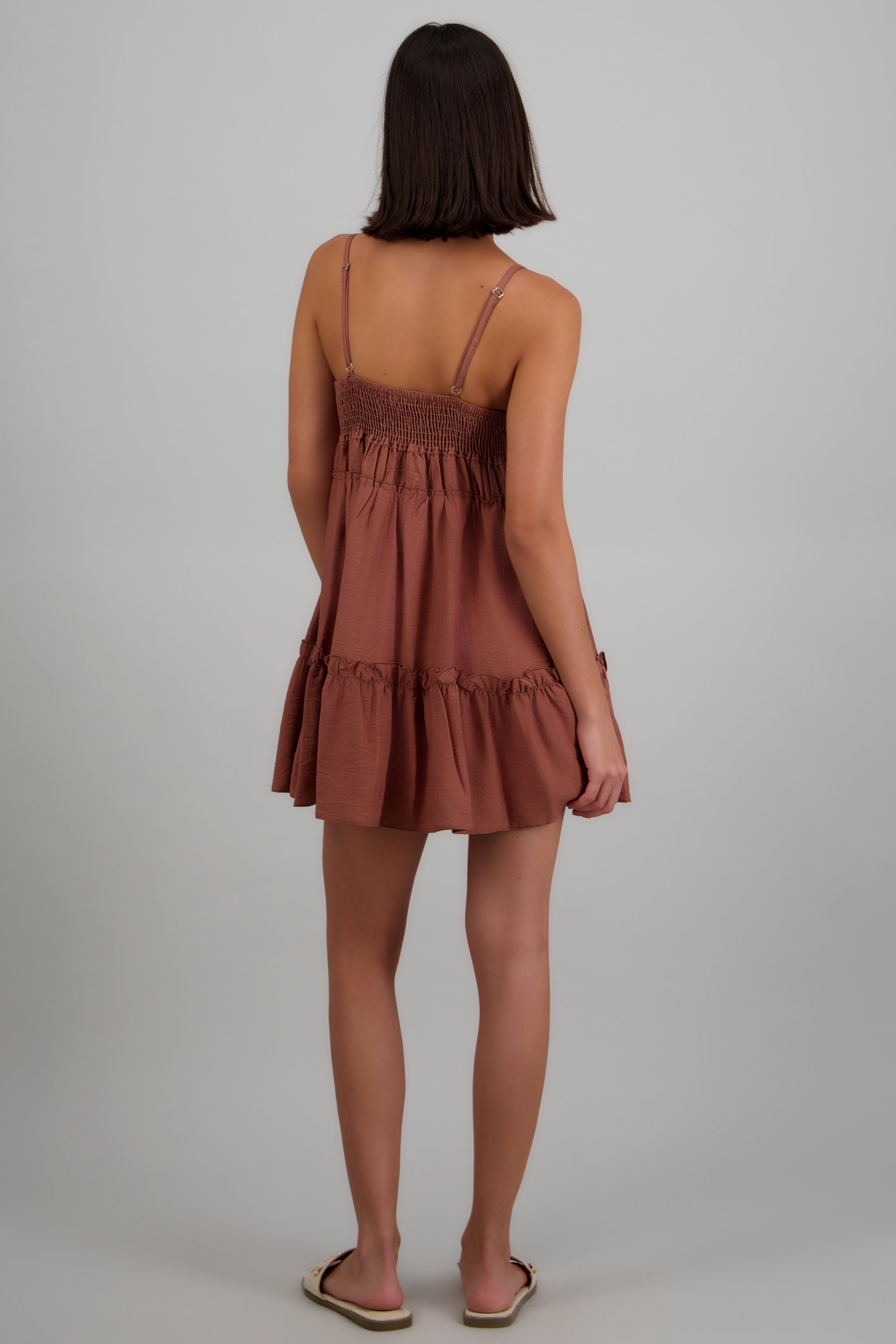 Vestido mini tirantes detalle encaje CAFE