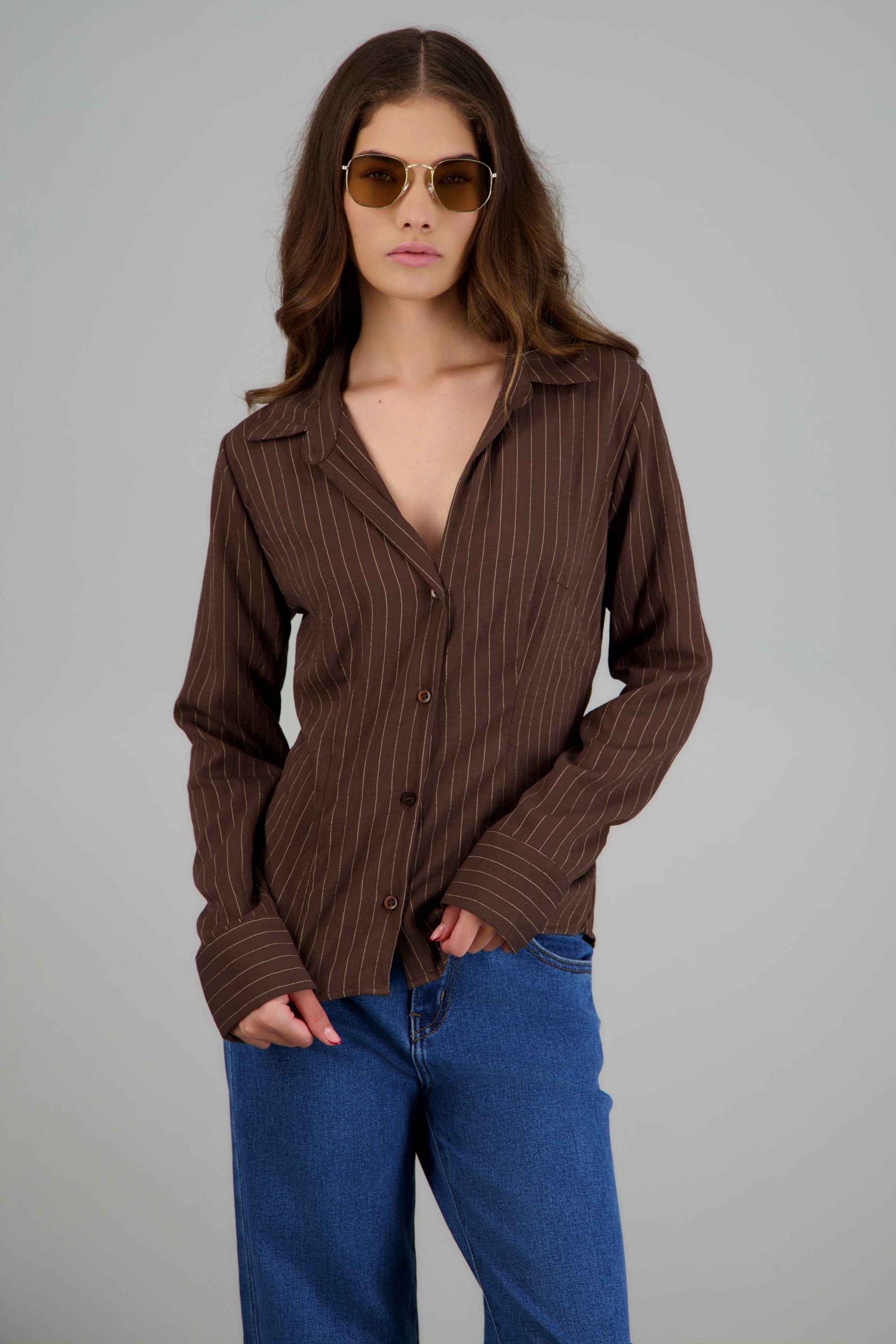 Camisa rayas detalle pinzas CHOCOLATE