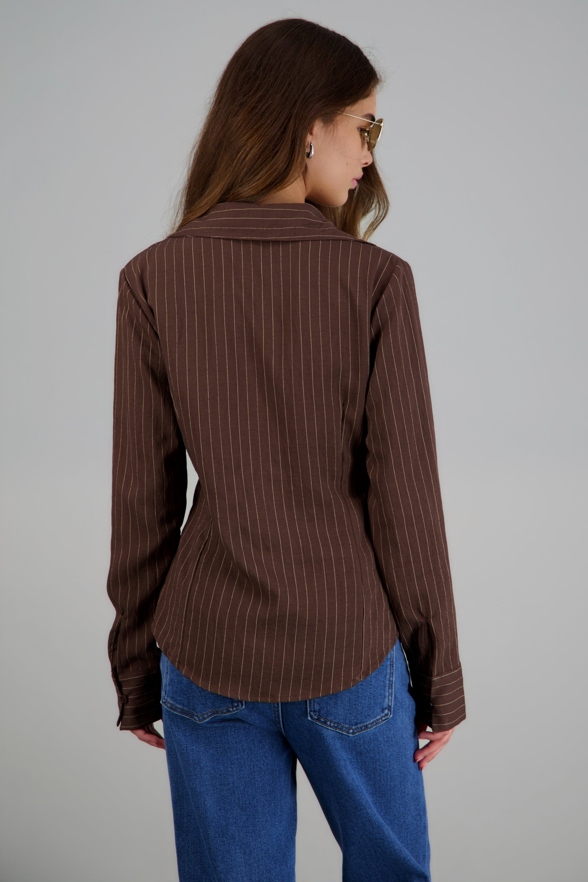 Camisa rayas detalle pinzas CHOCOLATE
