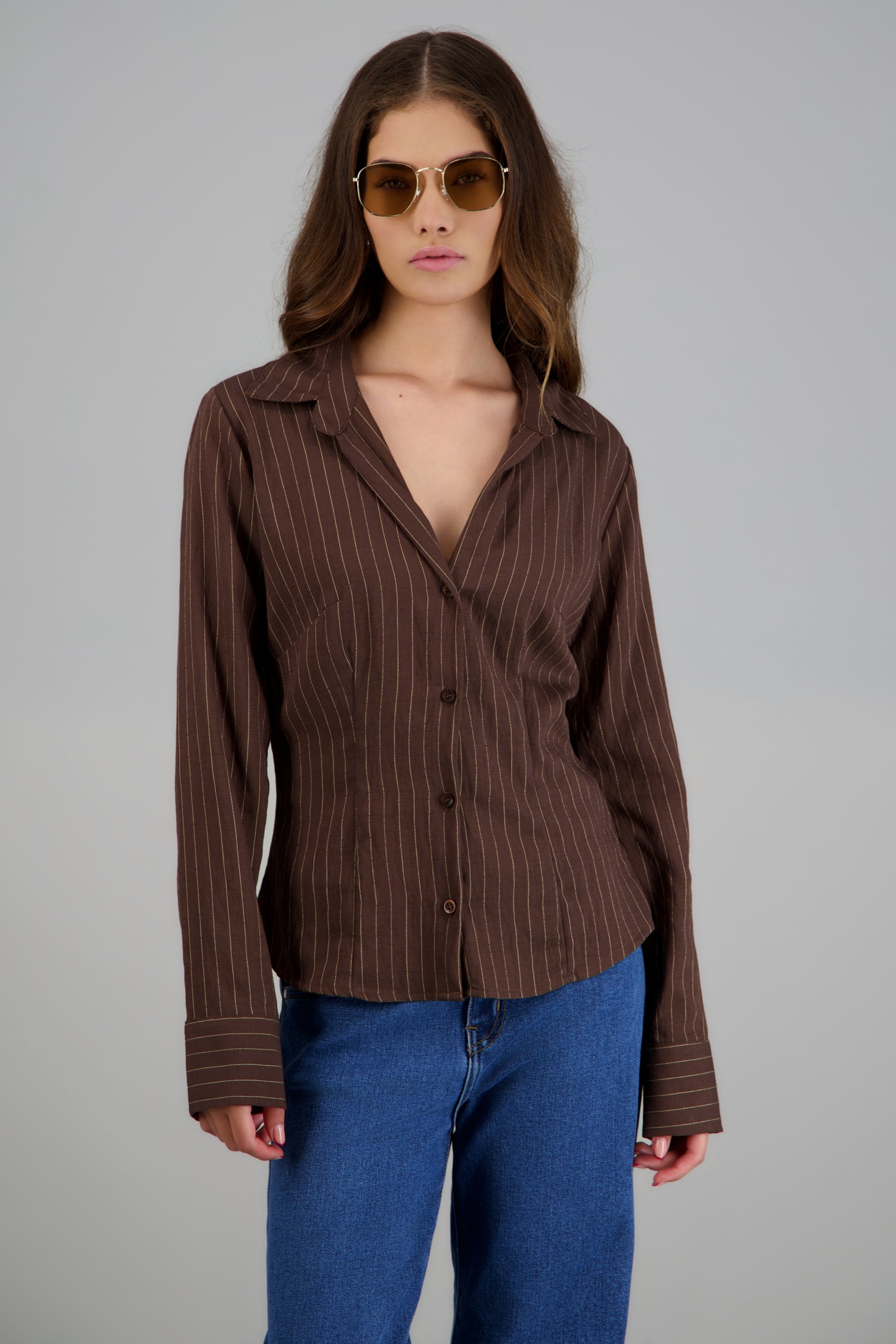 Camisa rayas detalle pinzas CHOCOLATE
