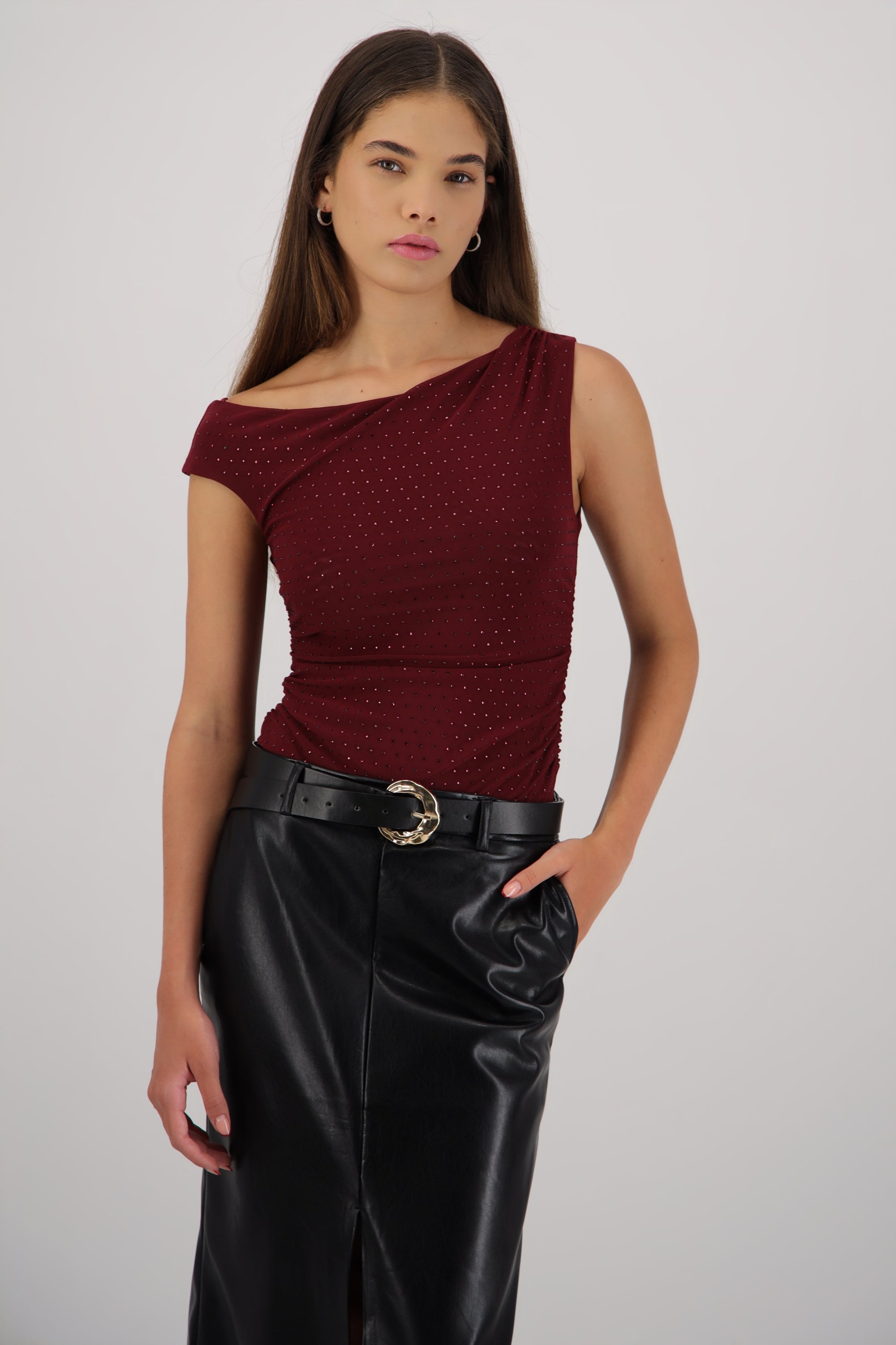 Bodysuit detalle drapeado brillos CIRUELA
