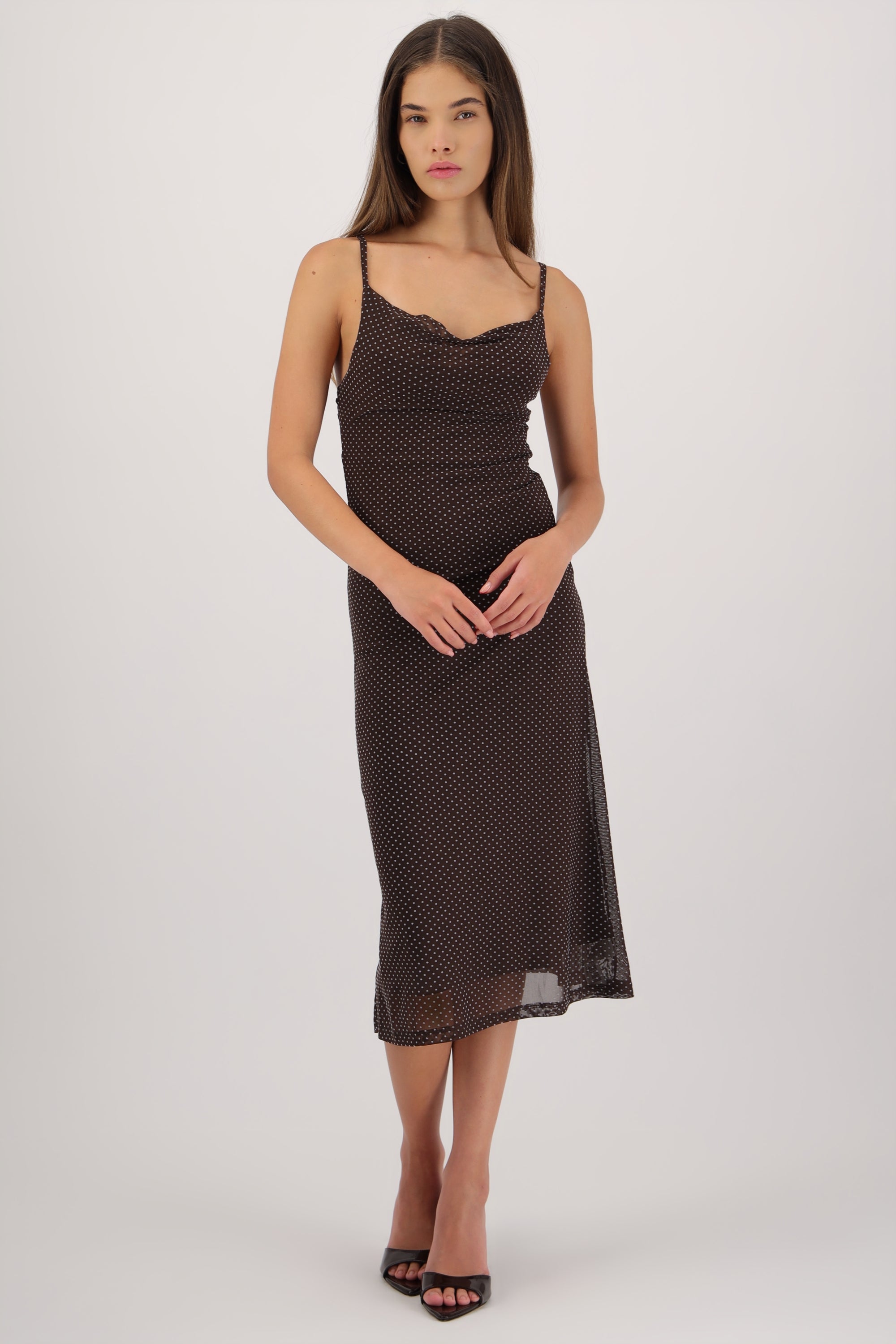 Vestido midi tirantes mesh polka dots CHOCOLATE