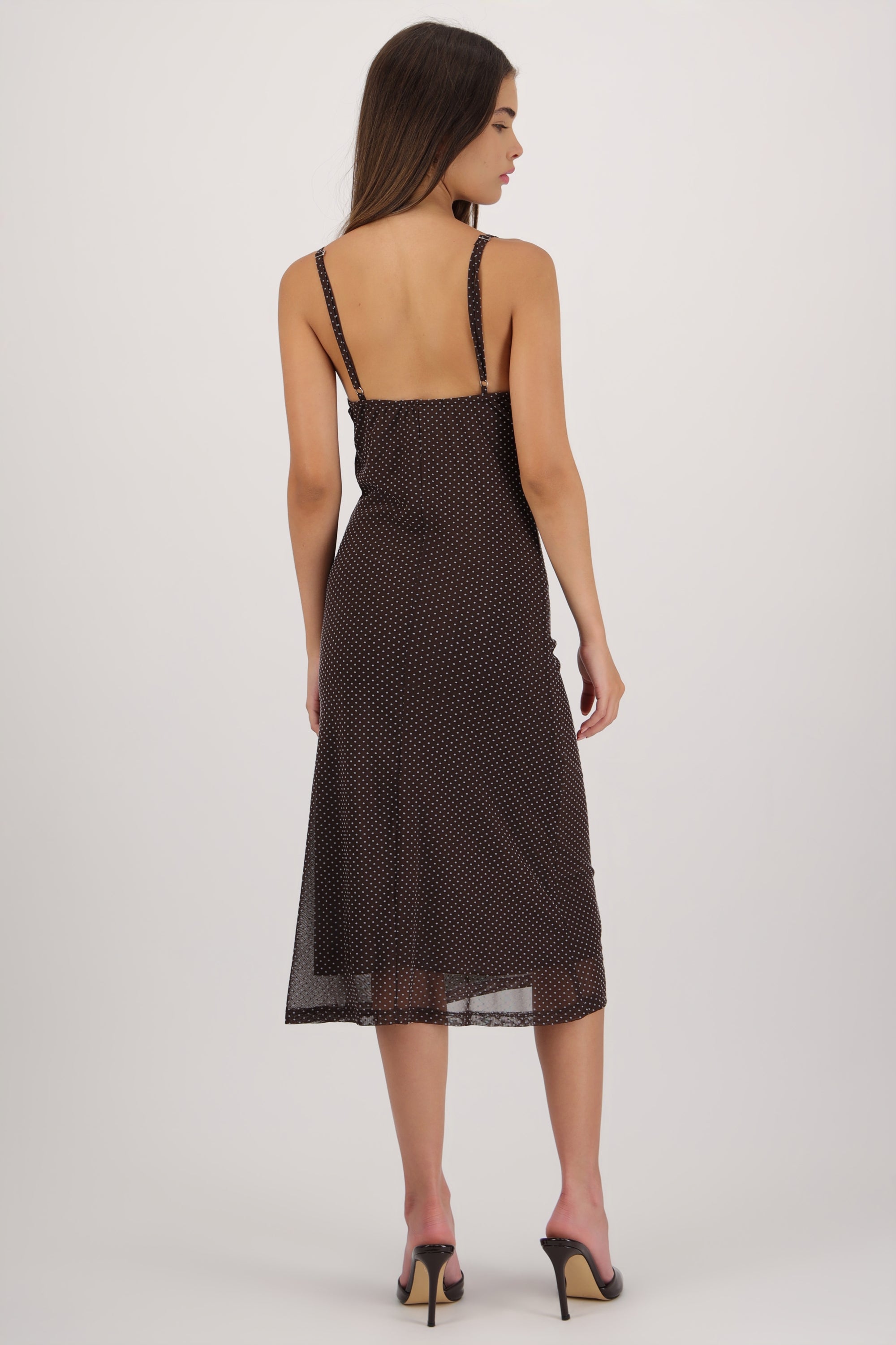 Vestido midi tirantes mesh polka dots CHOCOLATE