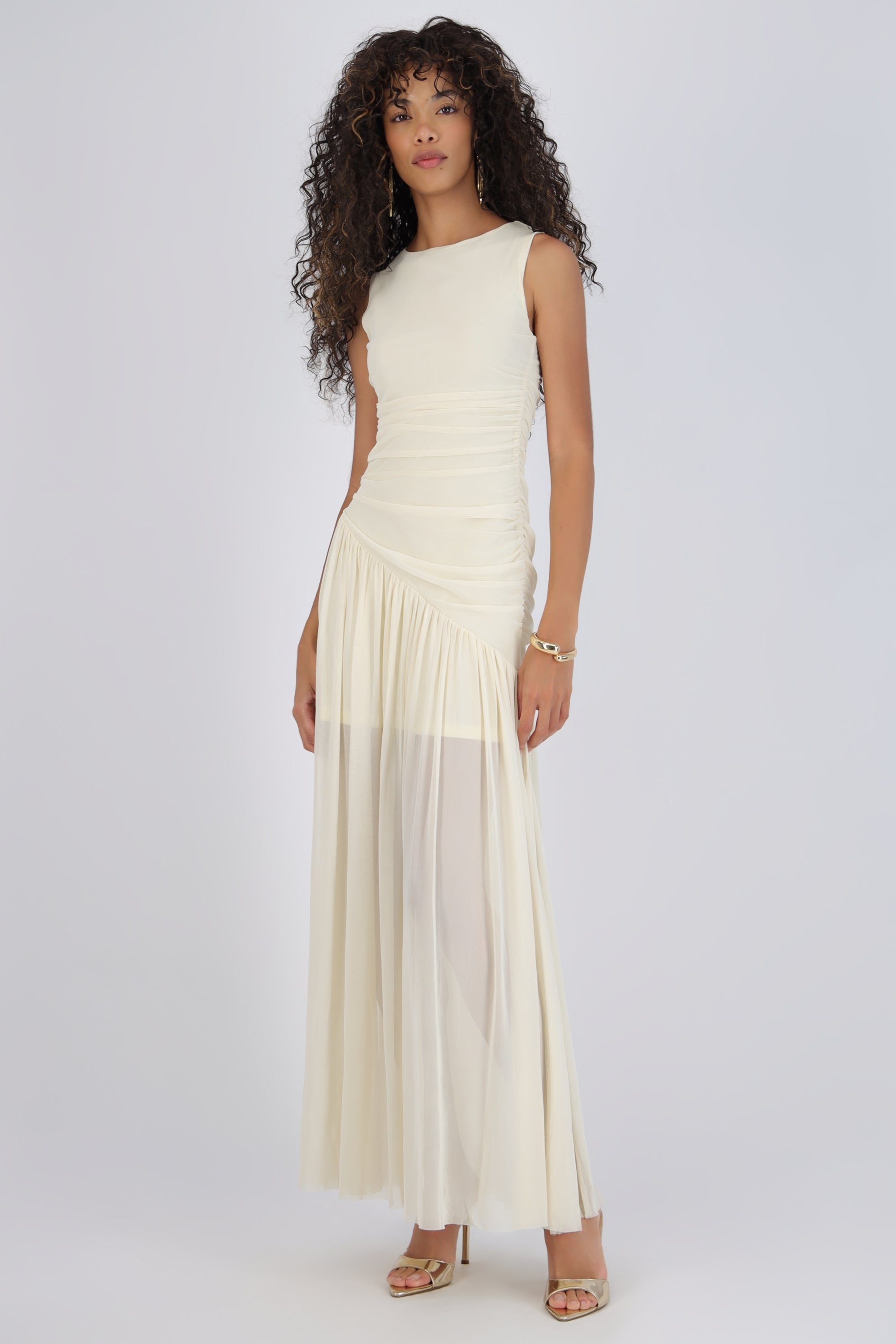 Vestido mesh largo drapeado