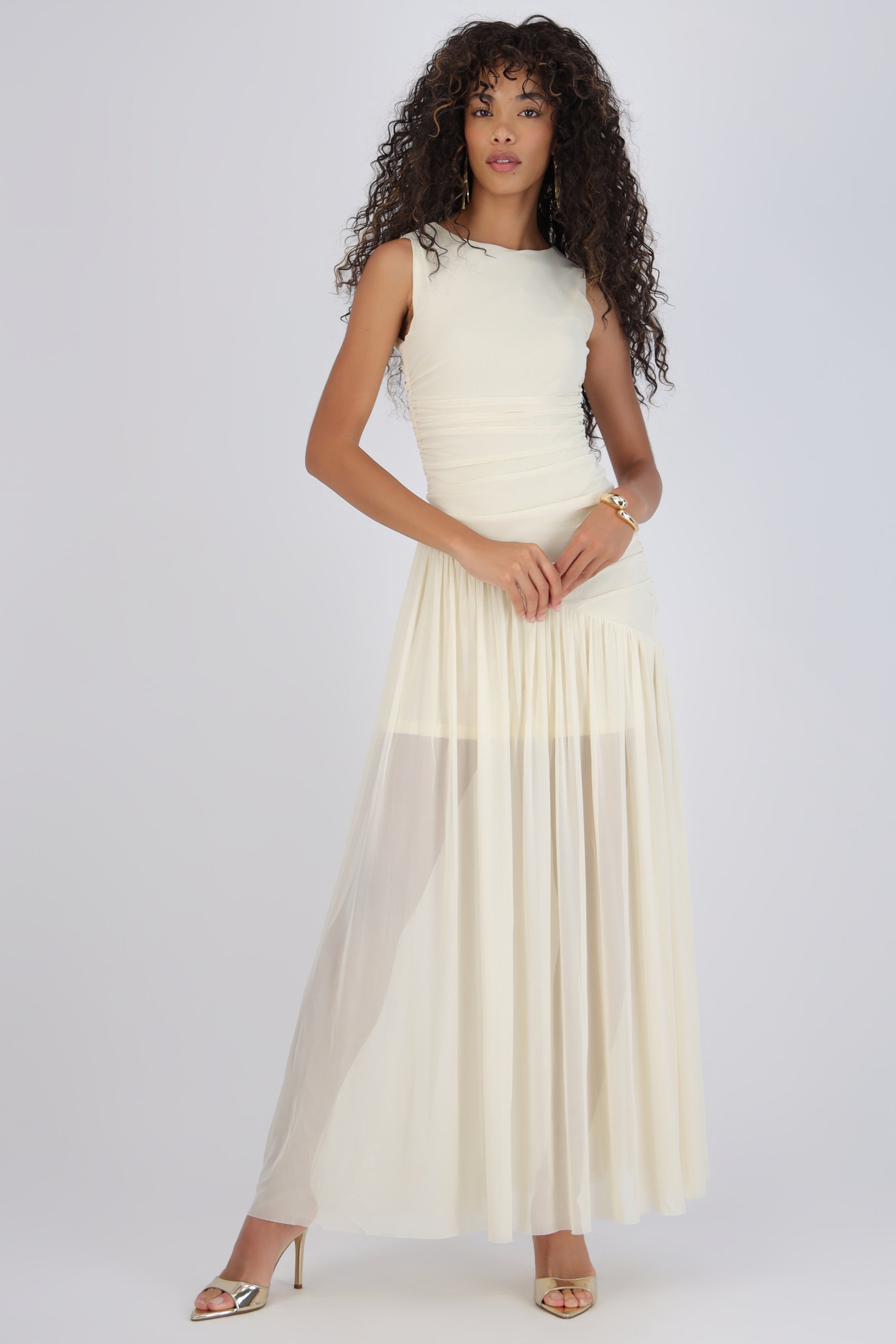 Vestido mesh largo drapeado