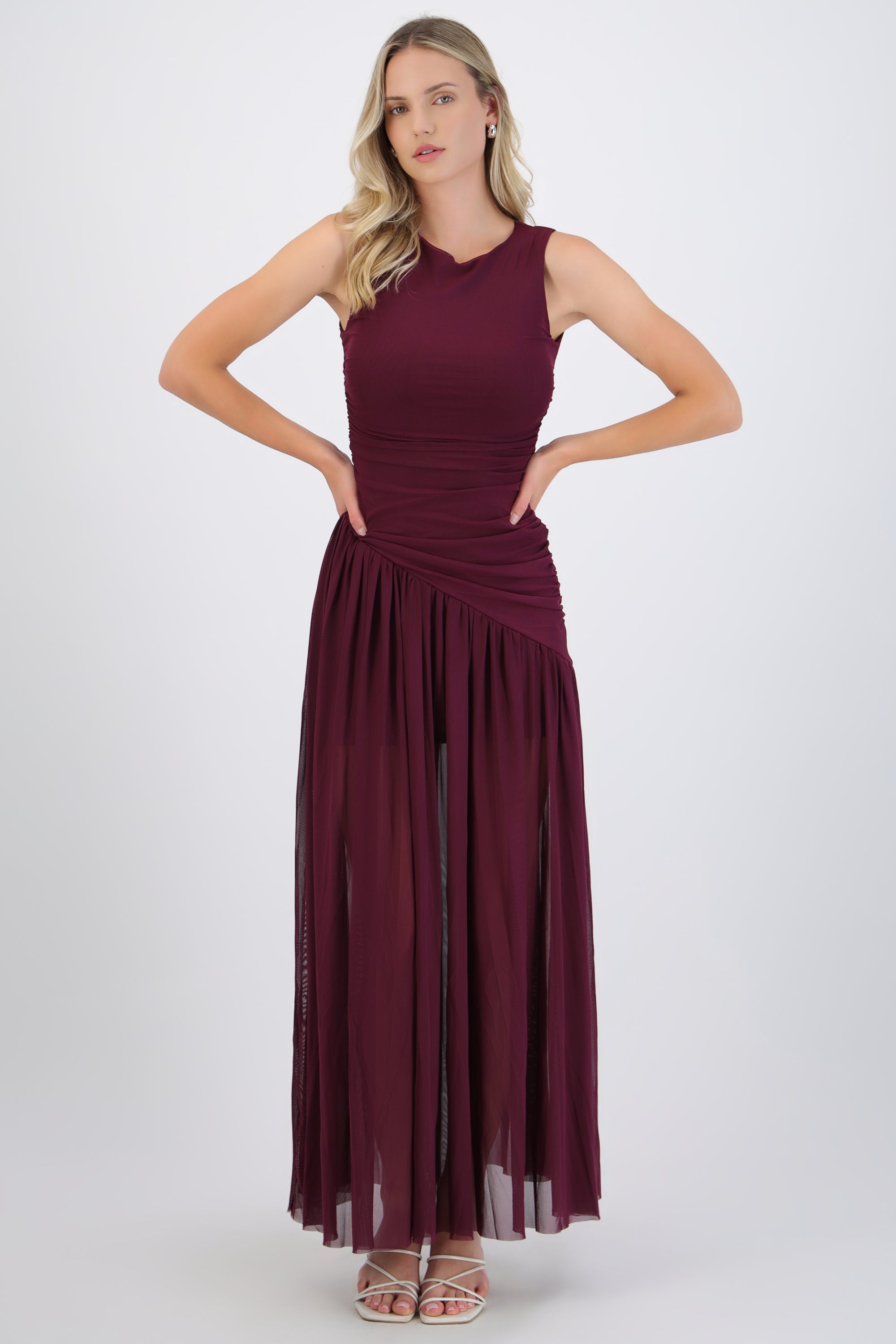 Vestido mesh largo drapeado