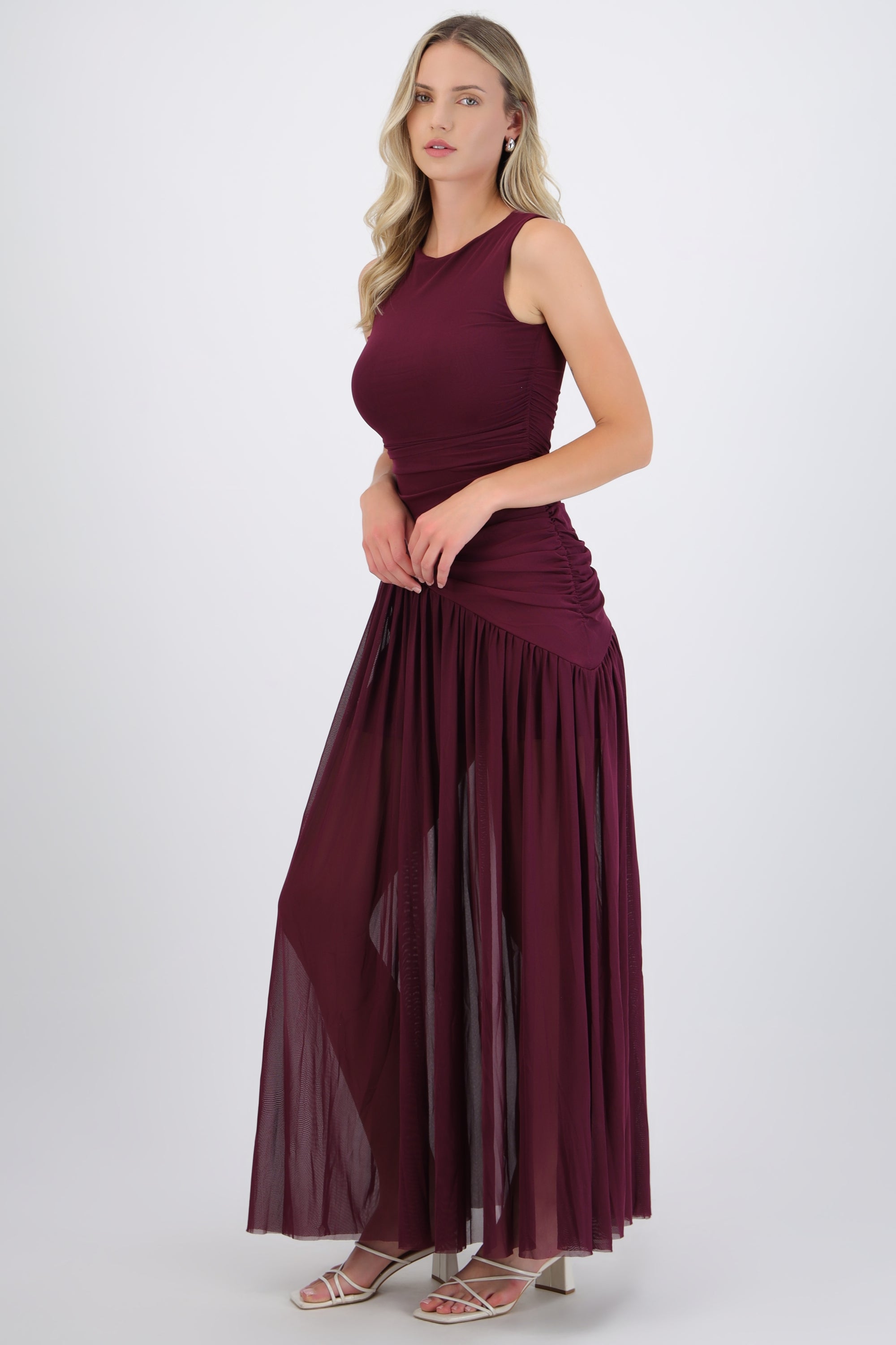 Vestido mesh largo drapeado