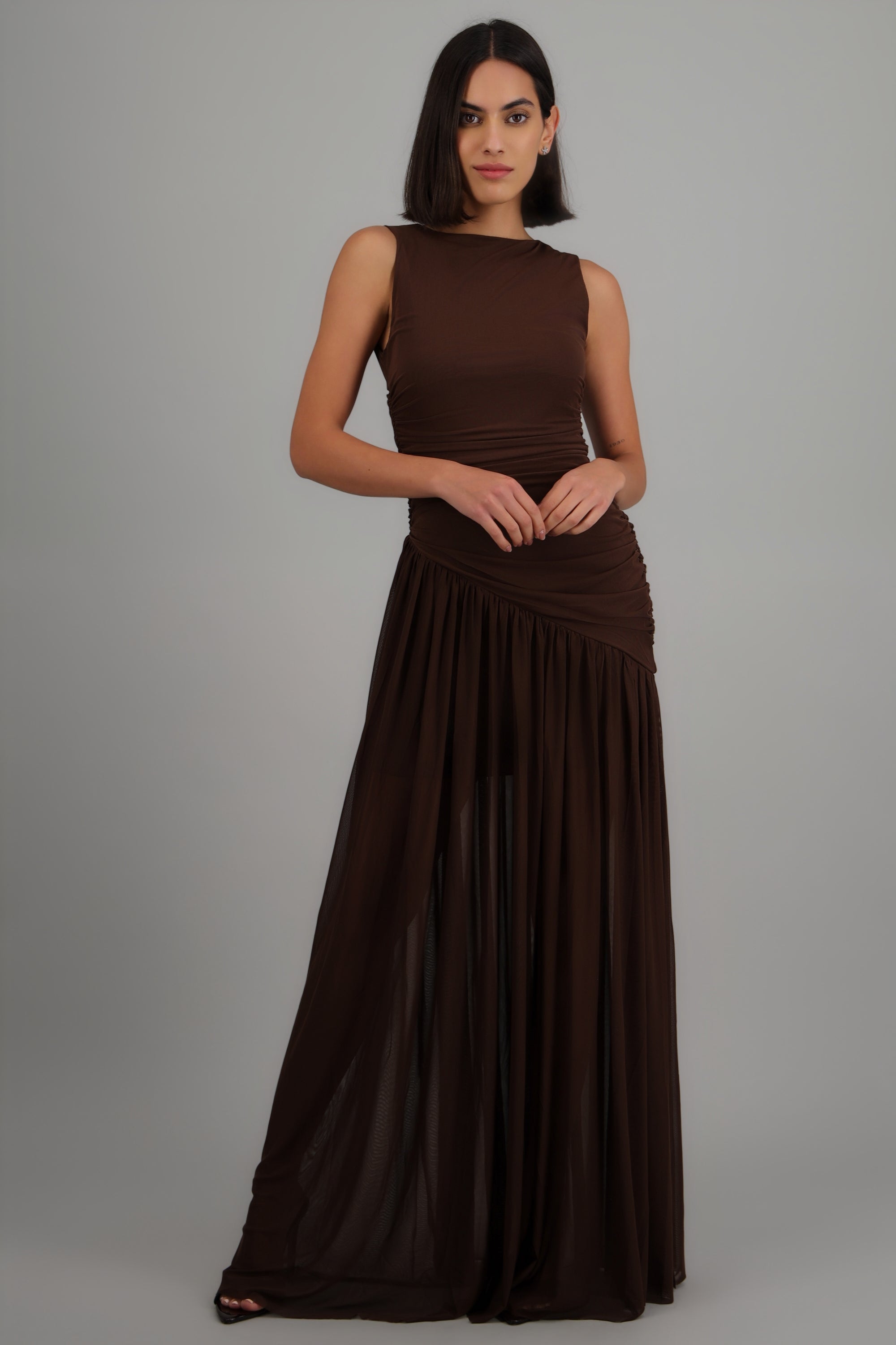 Vestido mesh largo drapeado CHOCOLATE