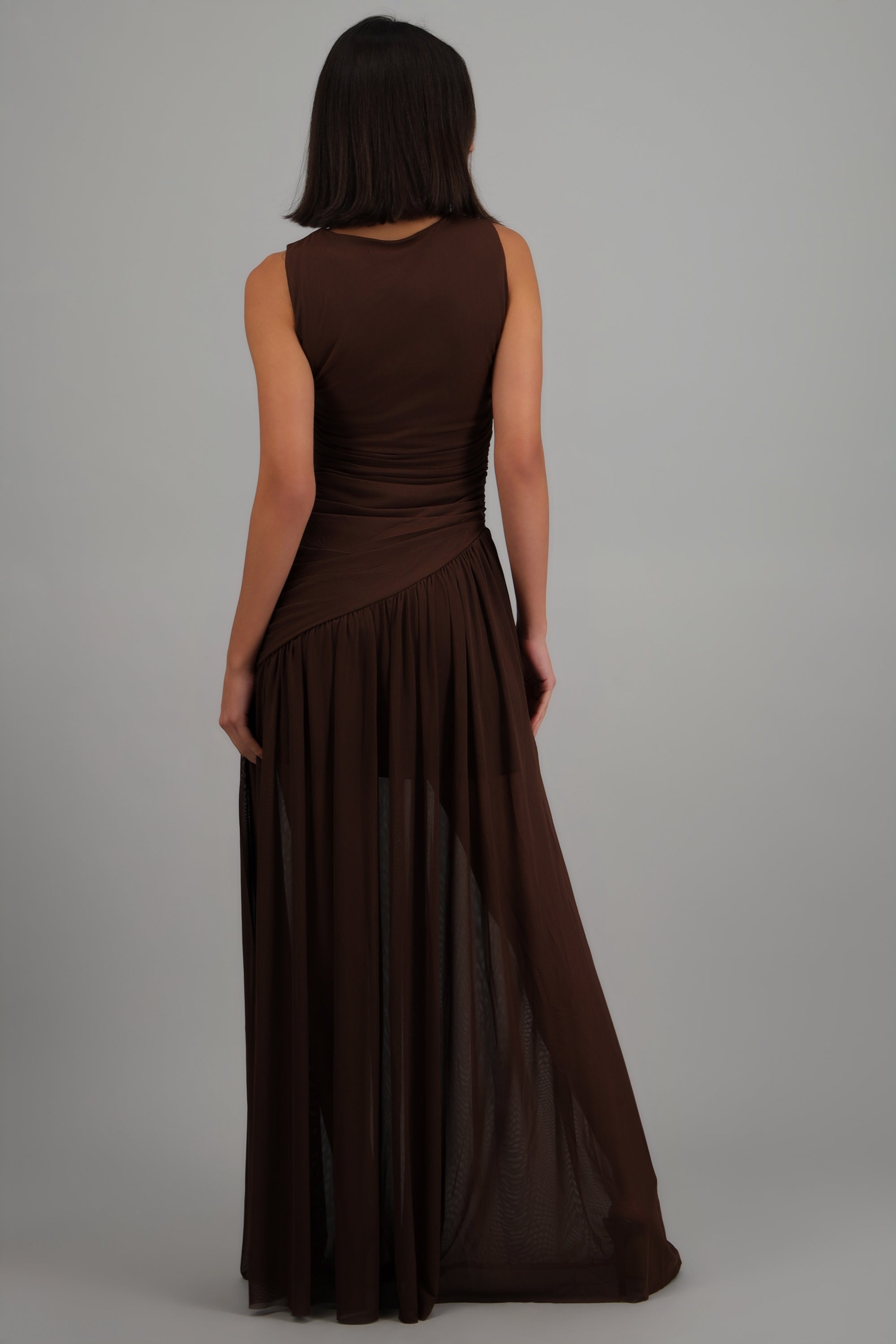 Vestido mesh largo drapeado CHOCOLATE