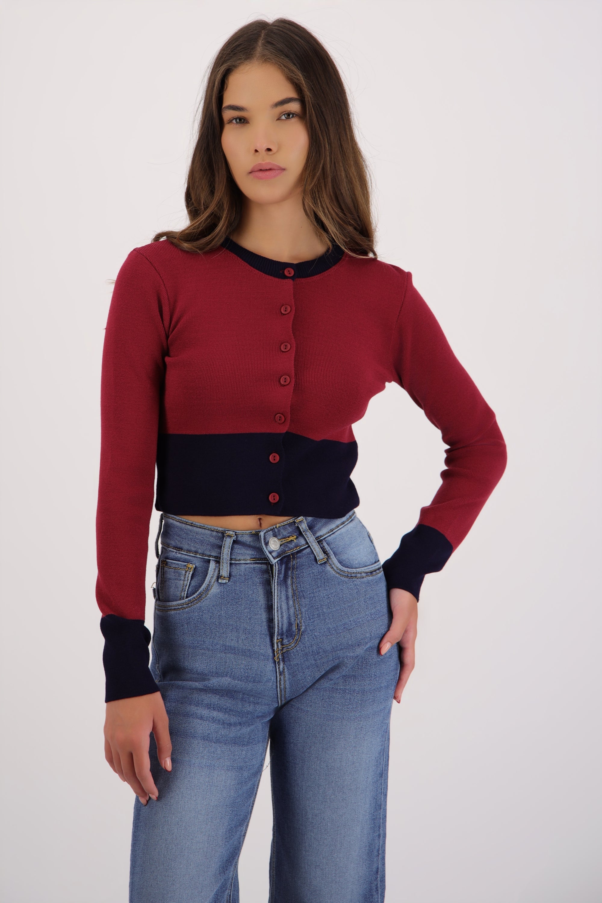 Cardigan bicolor detalle cintura VINO COMBO