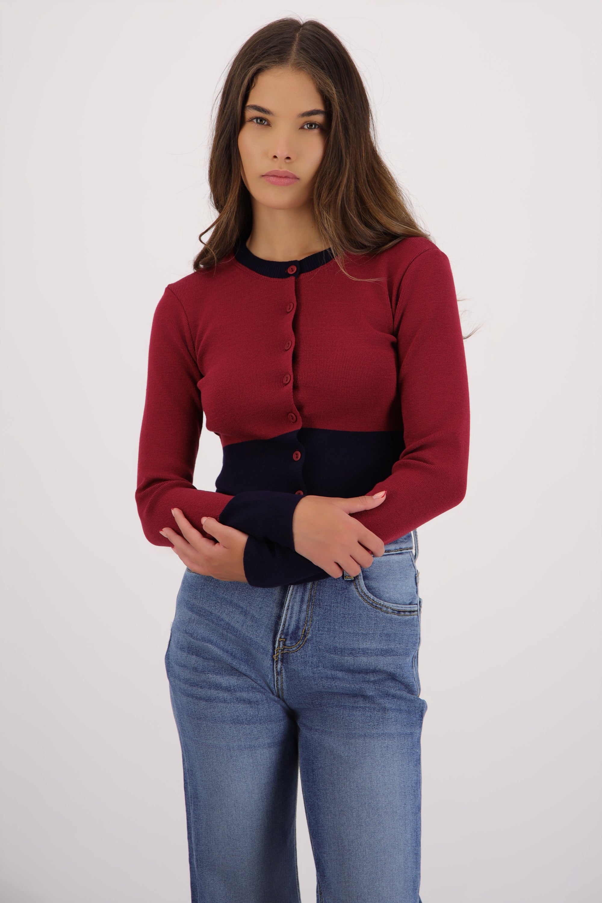 Cardigan bicolor detalle cintura VINO COMBO