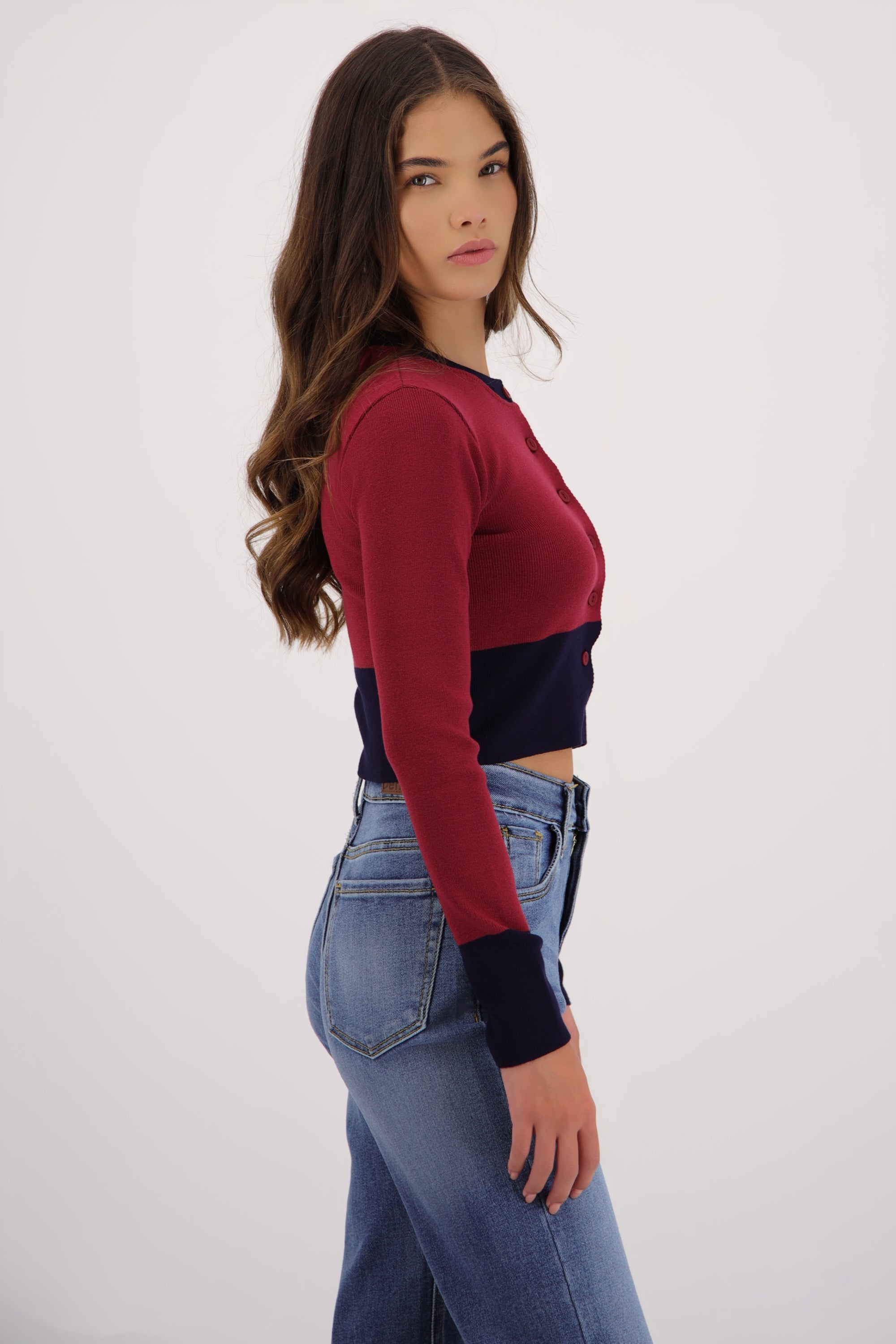 Cardigan bicolor detalle cintura VINO COMBO