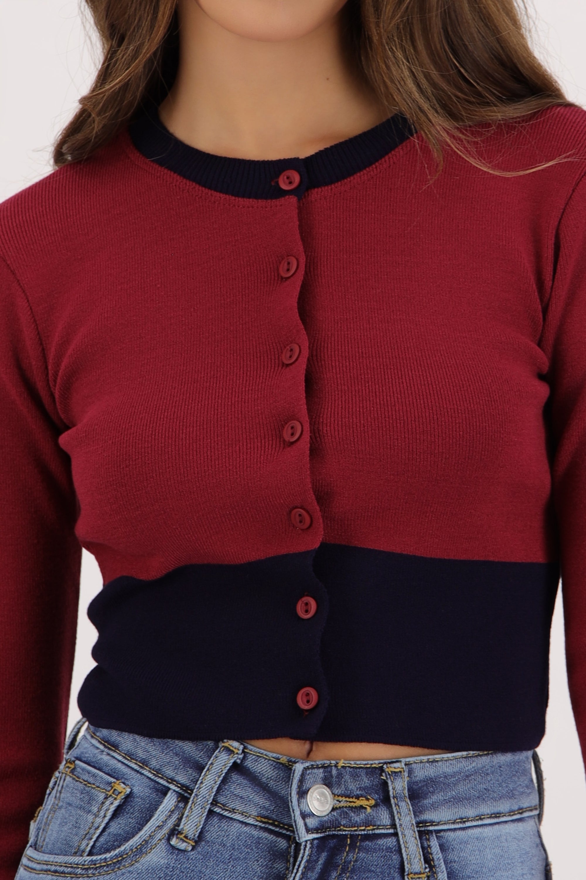 Cardigan bicolor detalle cintura VINO COMBO