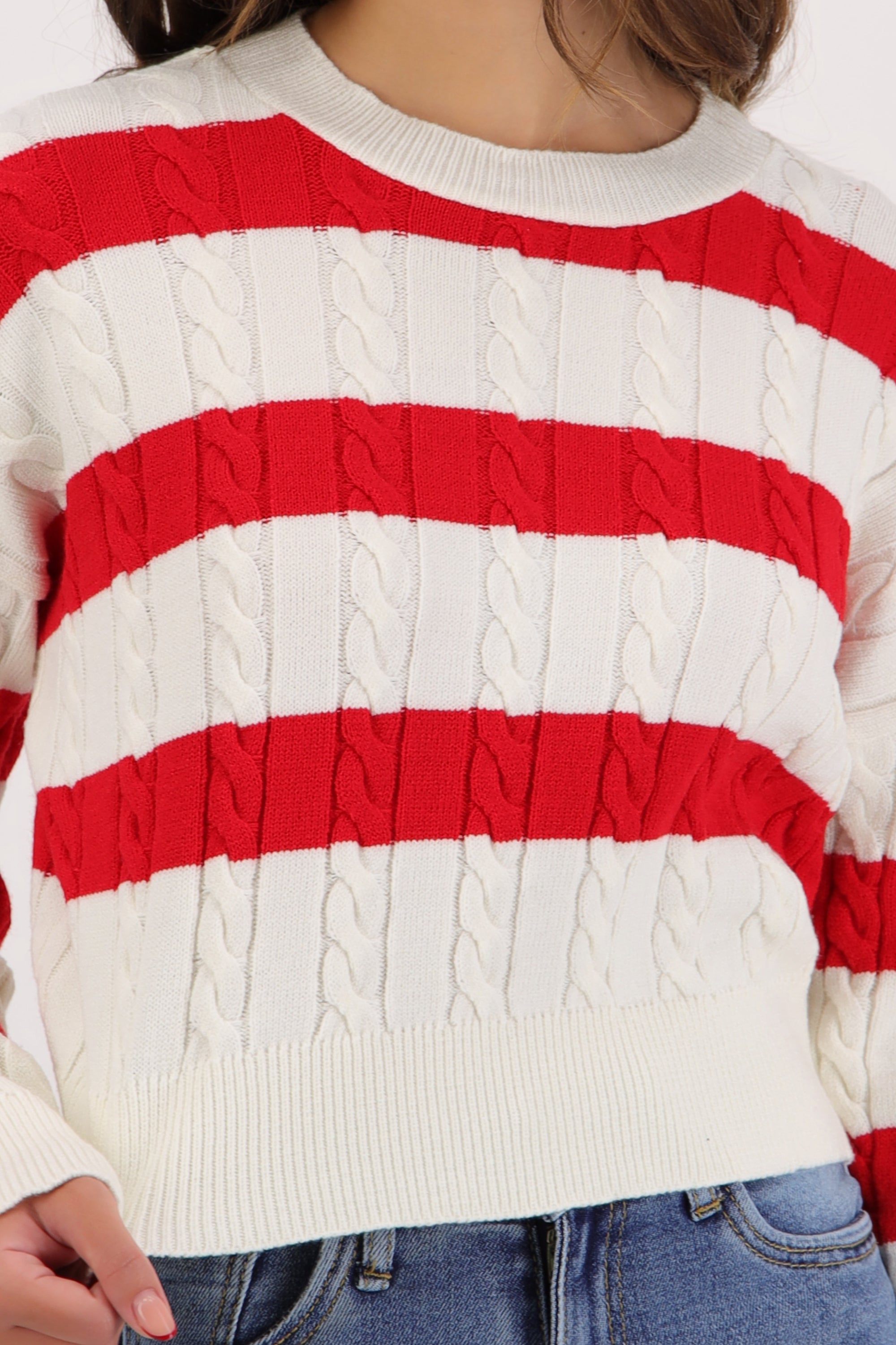 Suéter trenzado detalle líneas ROJO COMBO